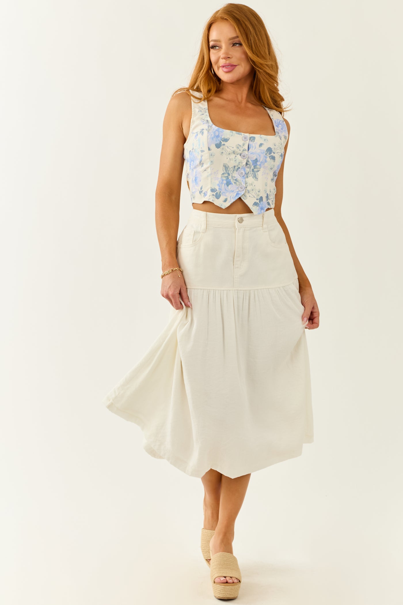 Ivory Denim Contrast Fabric Midi Skirt