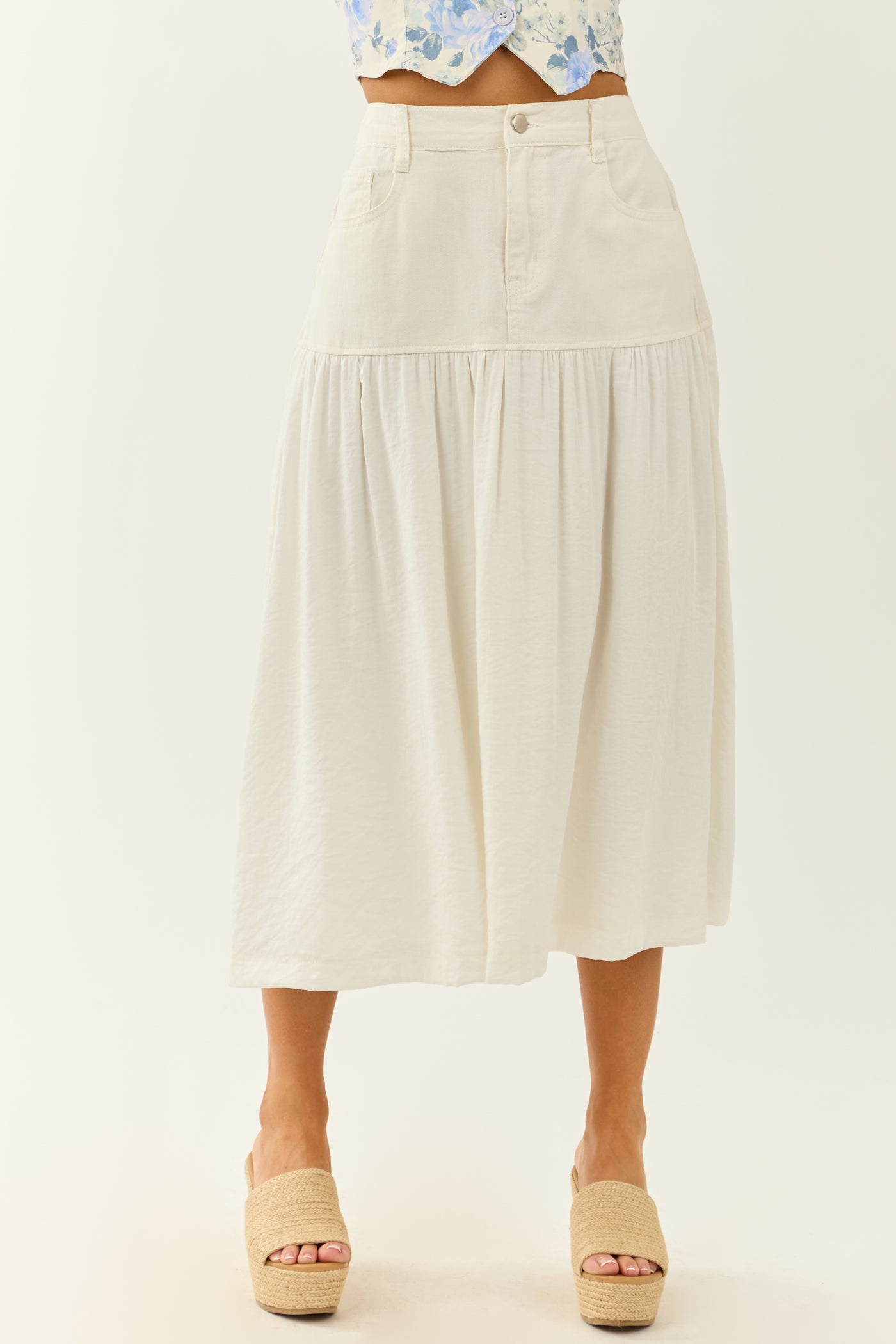 Ivory Denim Contrast Fabric Midi Skirt