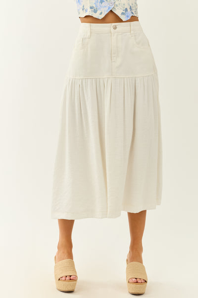 Ivory Denim Contrast Fabric Midi Skirt
