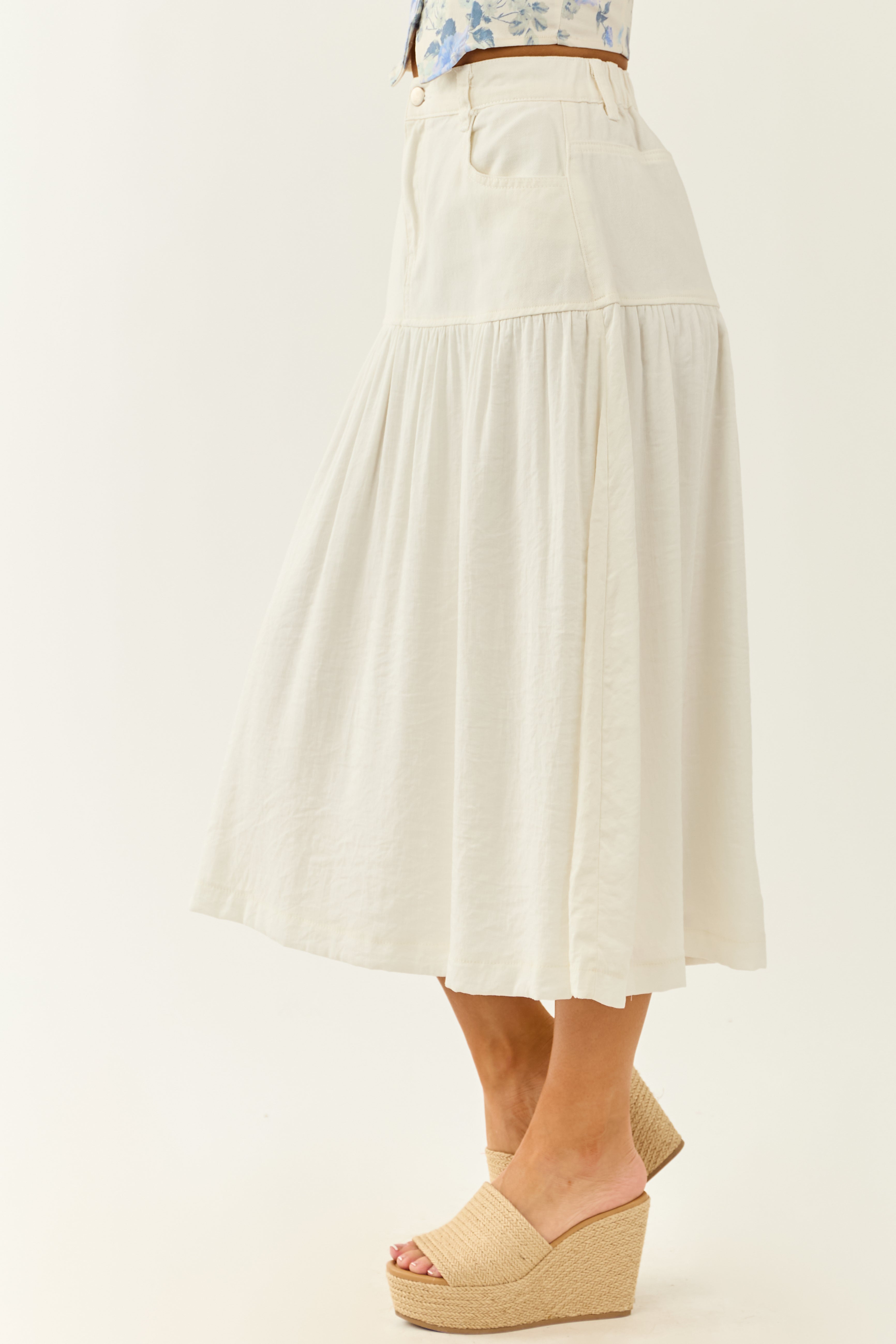 Ivory Denim Contrast Fabric Midi Skirt