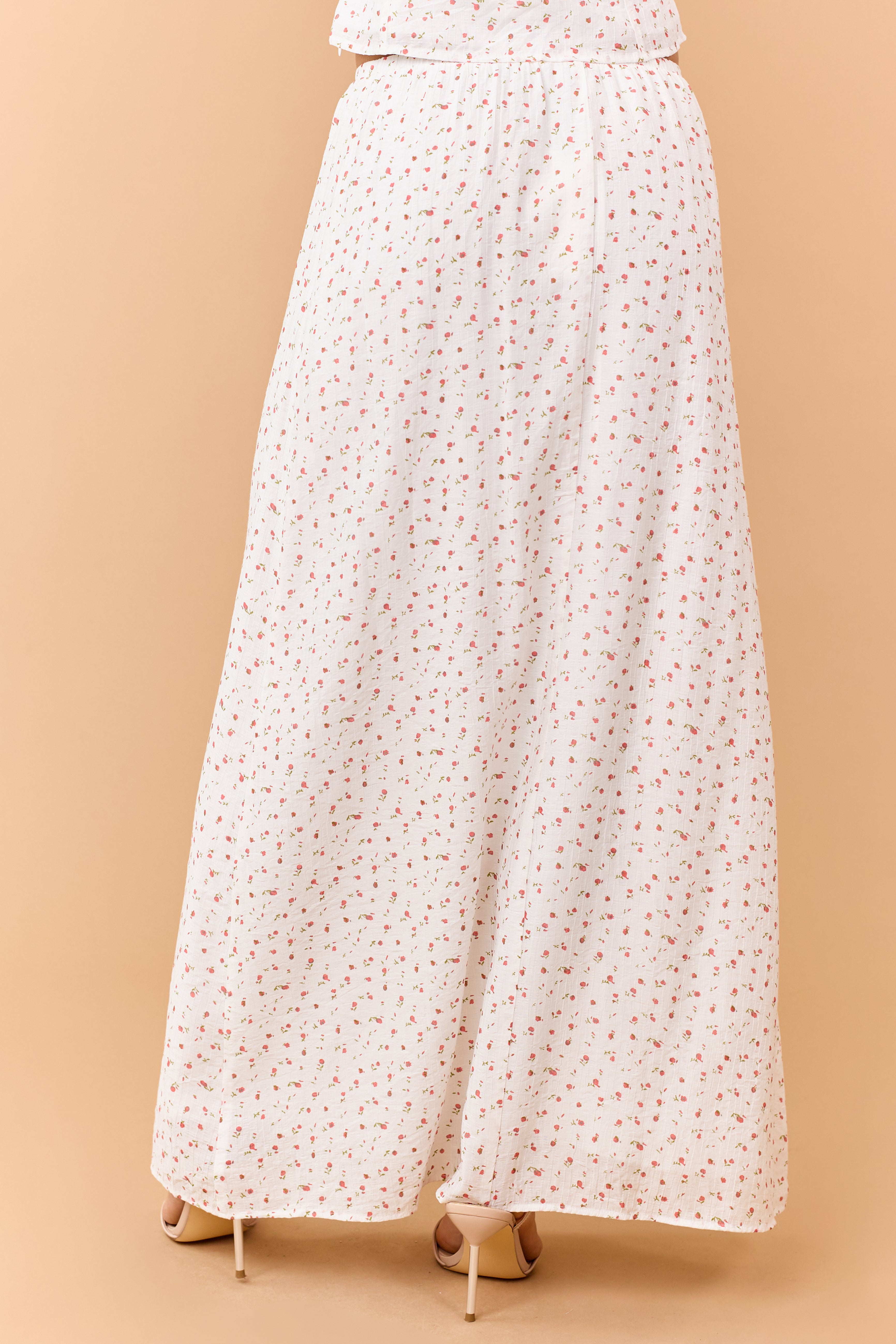 Ivory Ditsy Floral Print Elastic Waist Maxi Skirt