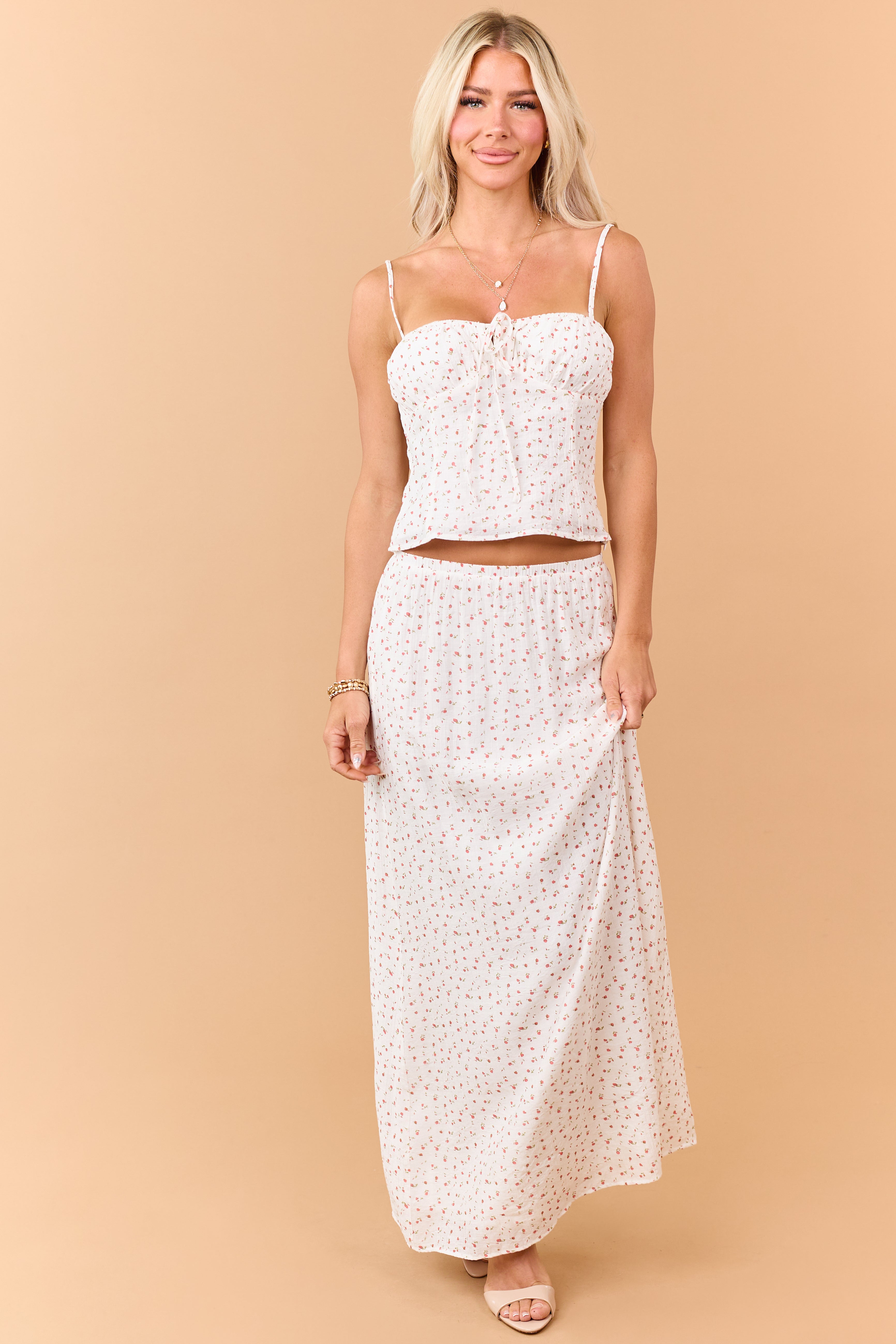 Ivory Ditsy Floral Print Front Tie Tank Top | Lime Lush Boutique