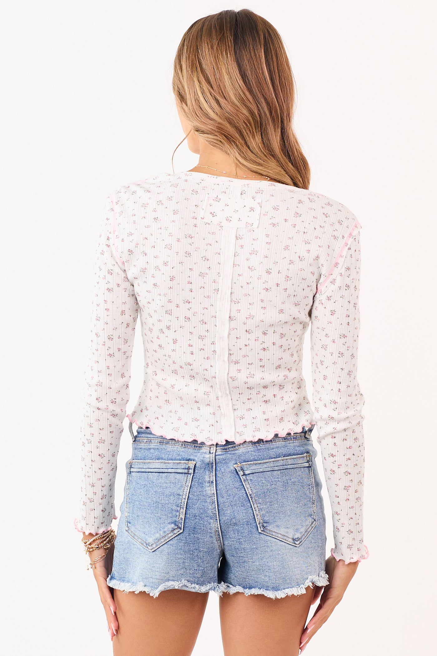 Ivory Ditsy Floral Rib Knit V-Neck Long Sleeve Top