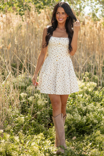Ivory Ditsy Floral Sleeveless Denim Mini Dress