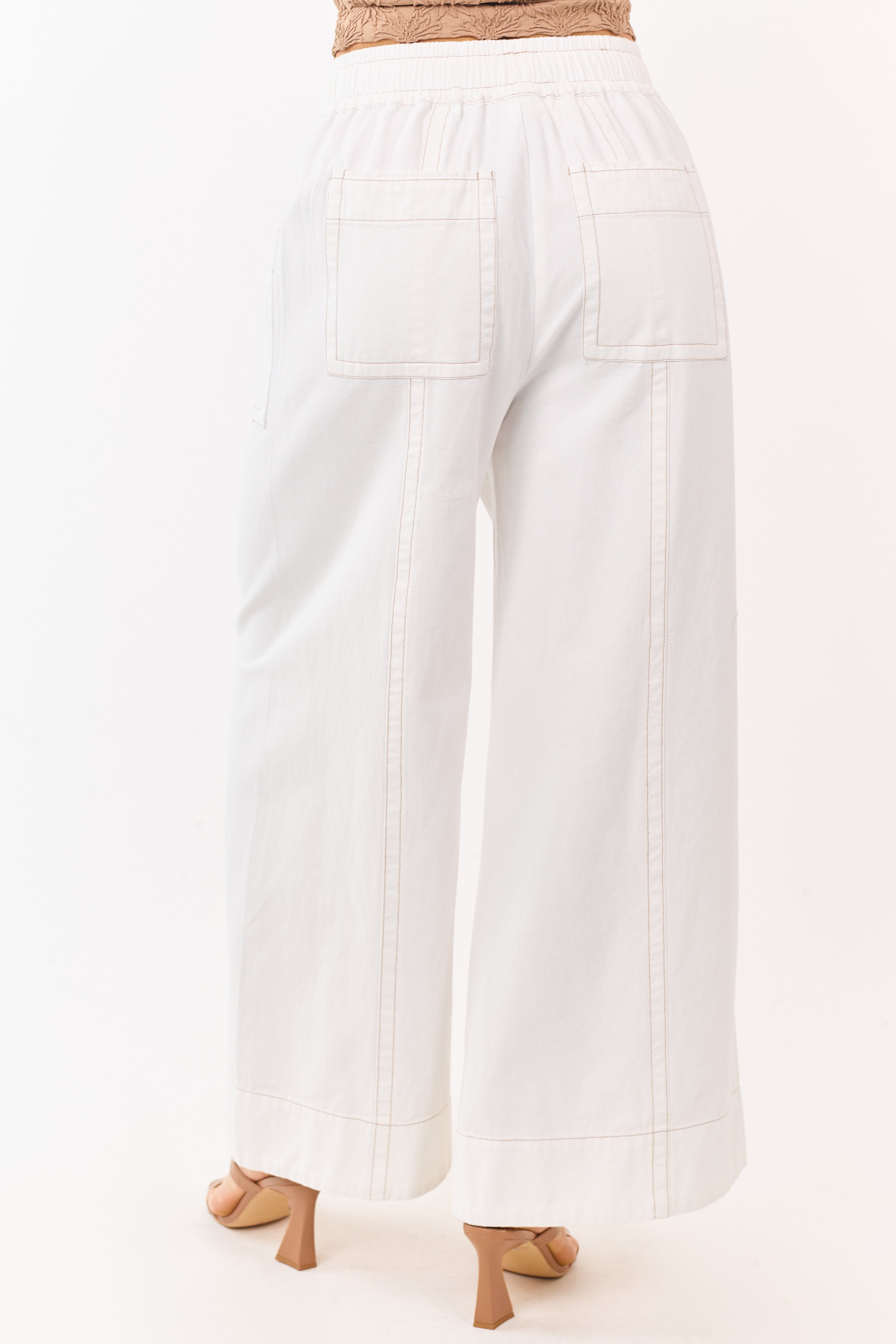 Ivory Elastic Drawstring Waist Wide Leg Twill Pants
