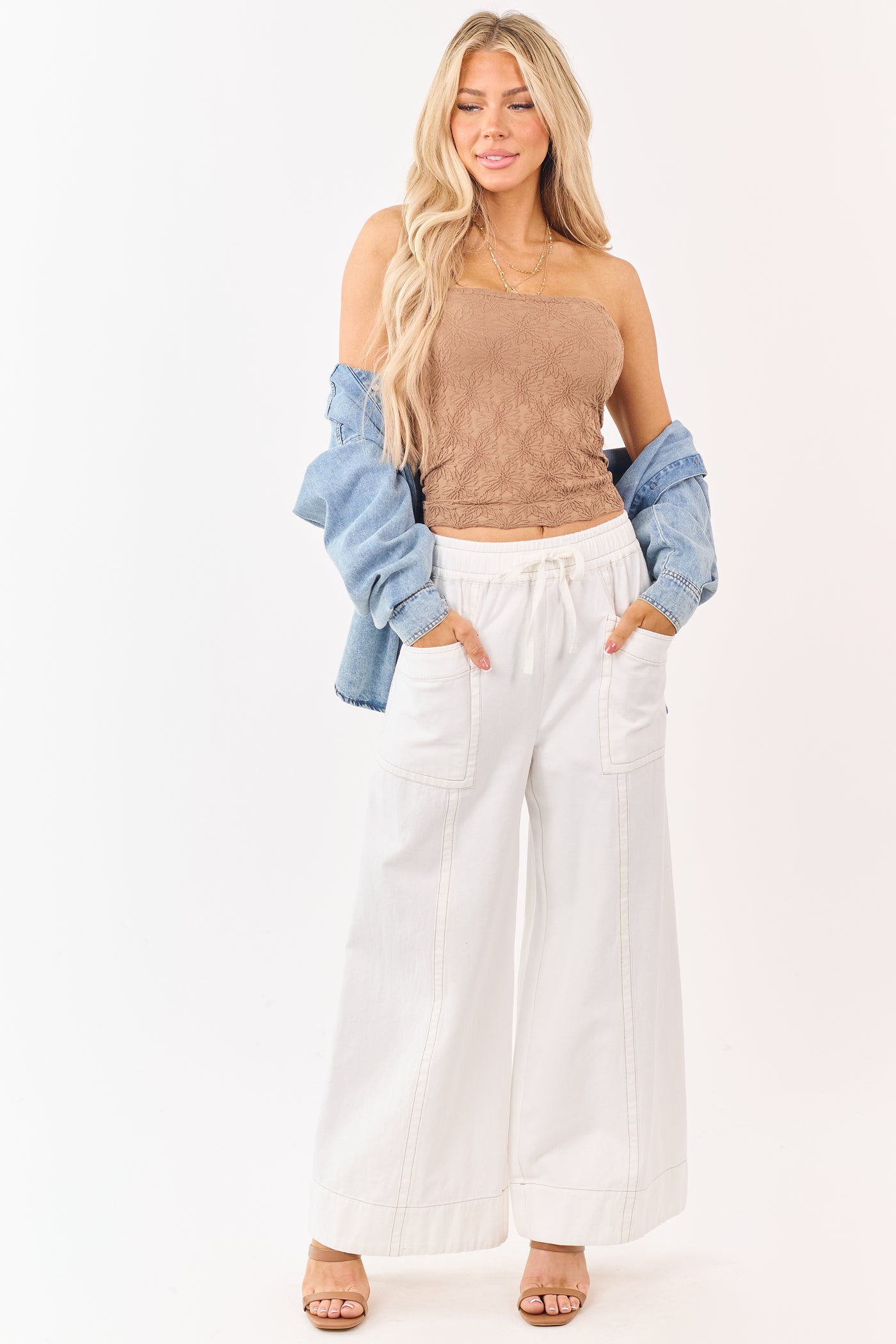 Ivory Elastic Drawstring Waist Wide Leg Twill Pants
