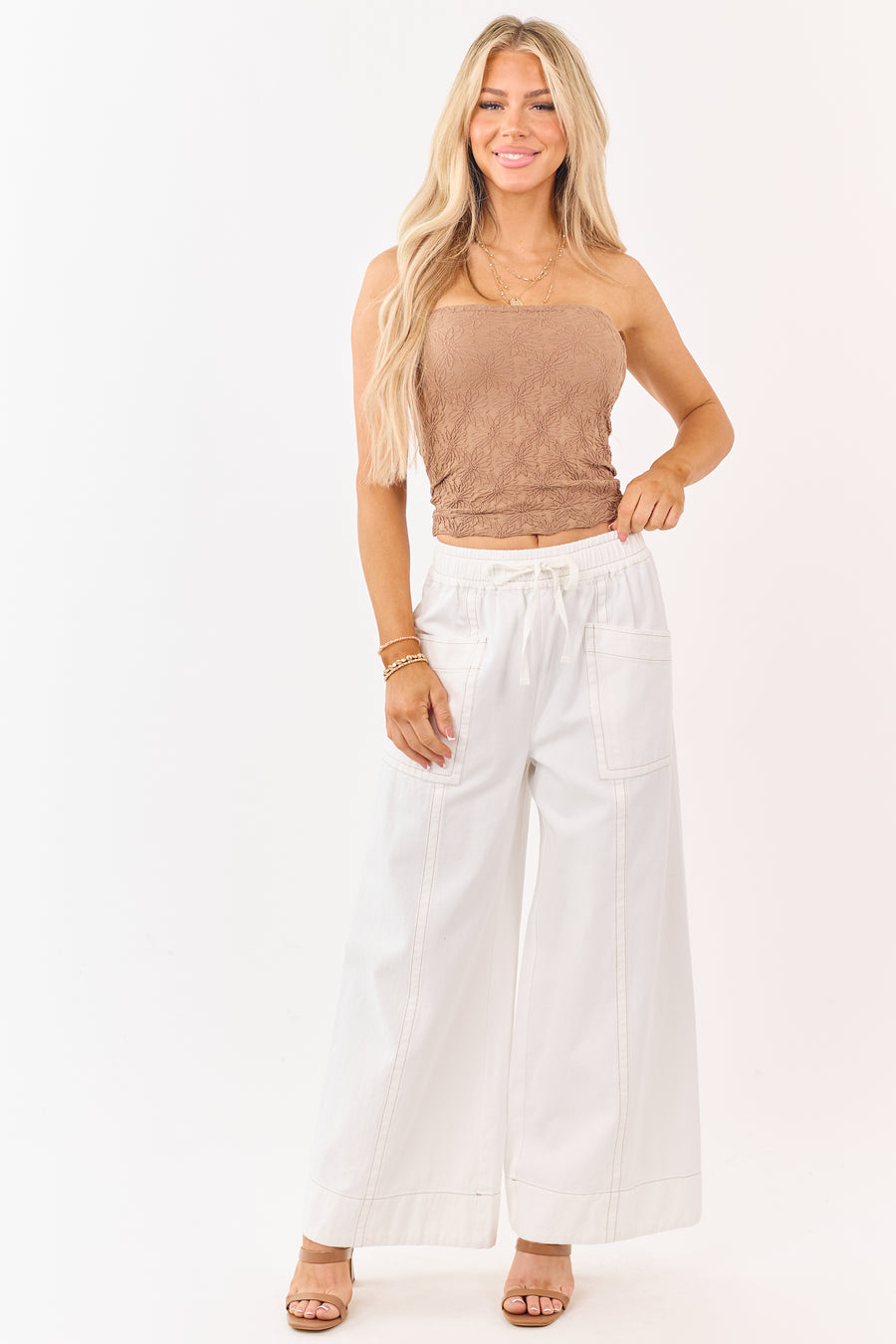 Ivory Elastic Drawstring Waist Wide Leg Twill Pants