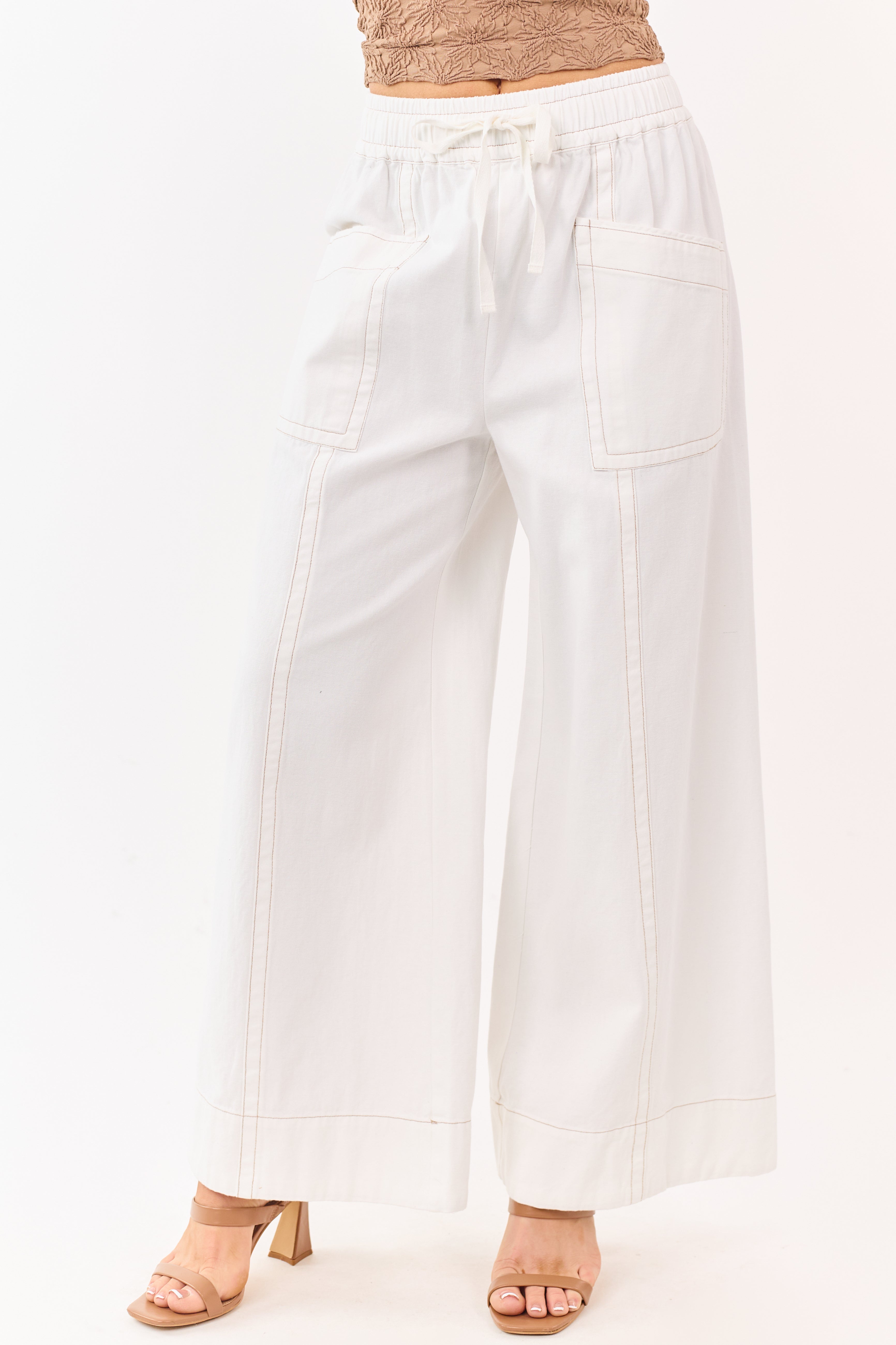 Ivory Elastic Drawstring Waist Wide Leg Twill Pants