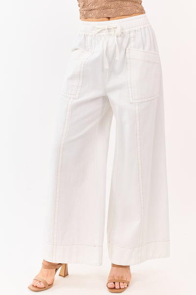 Ivory Elastic Drawstring Waist Wide Leg Twill Pants