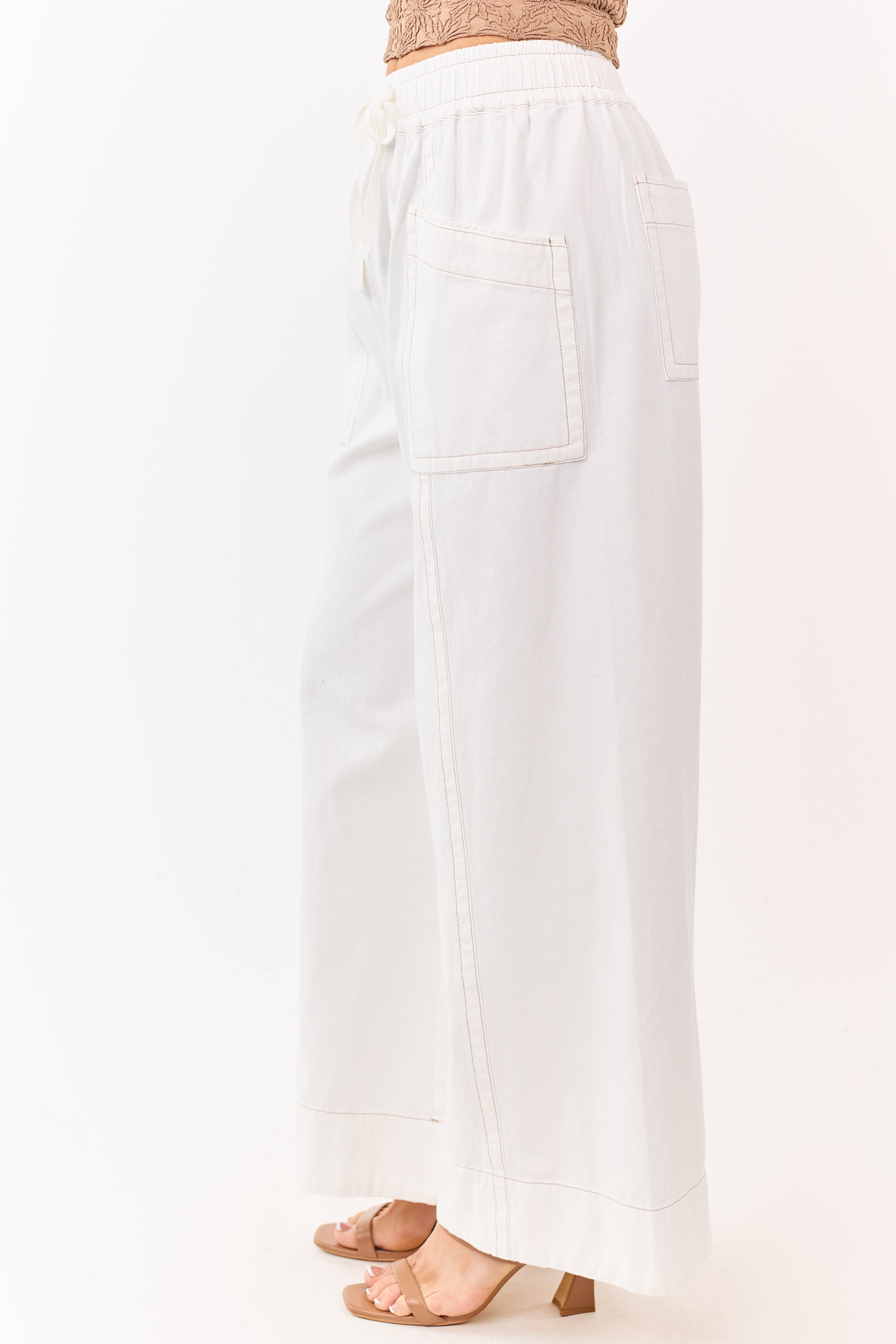 Ivory Elastic Drawstring Waist Wide Leg Twill Pants
