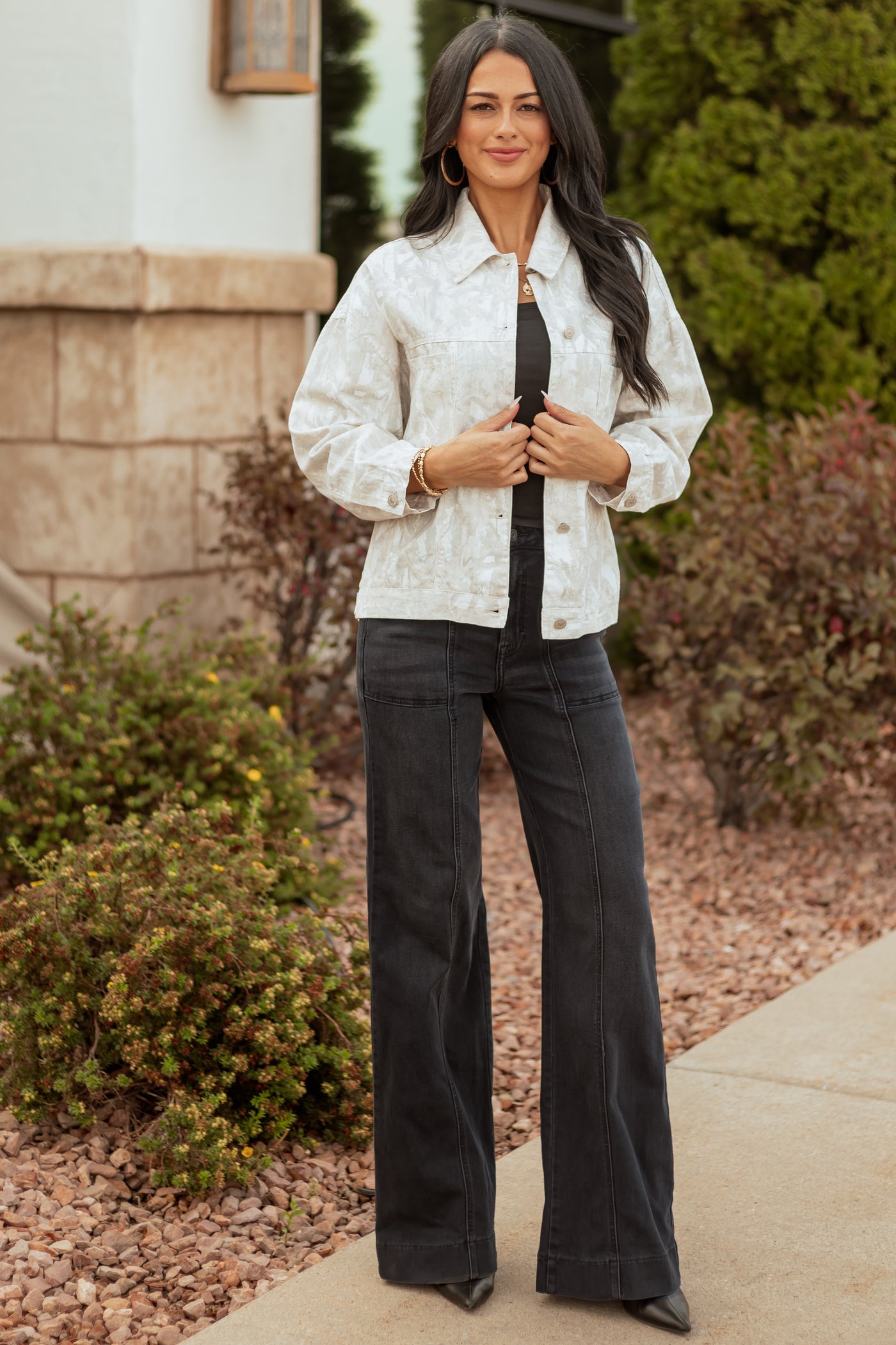 Ivory Faded Camo Button Down Denim Jacket