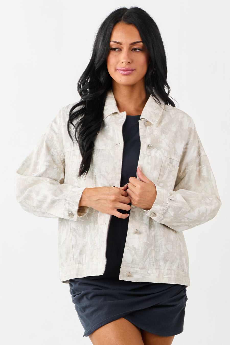 Ivory Faded Camo Button Down Denim Jacket