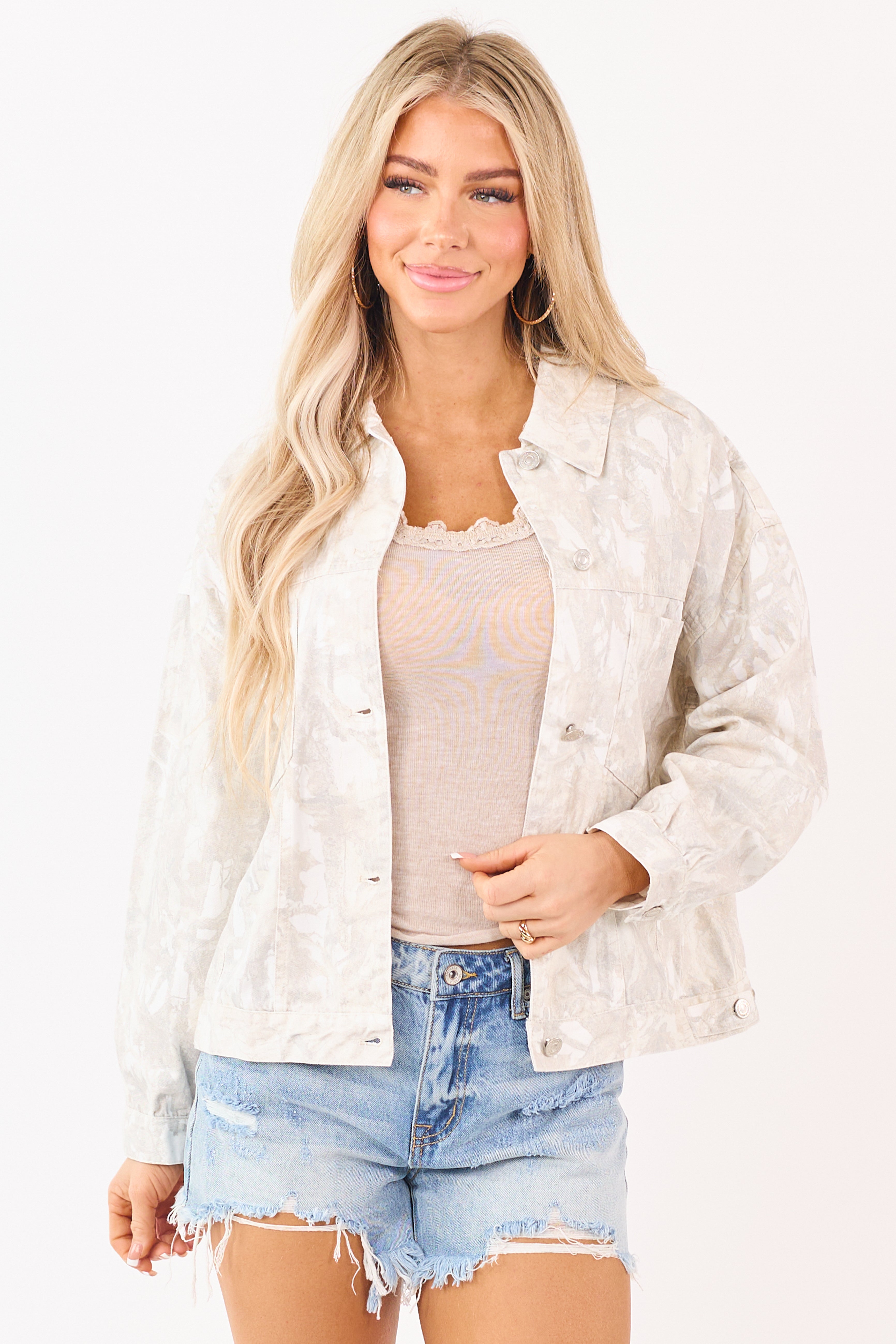 Ivory Faded Camo Button Down Denim Jacket