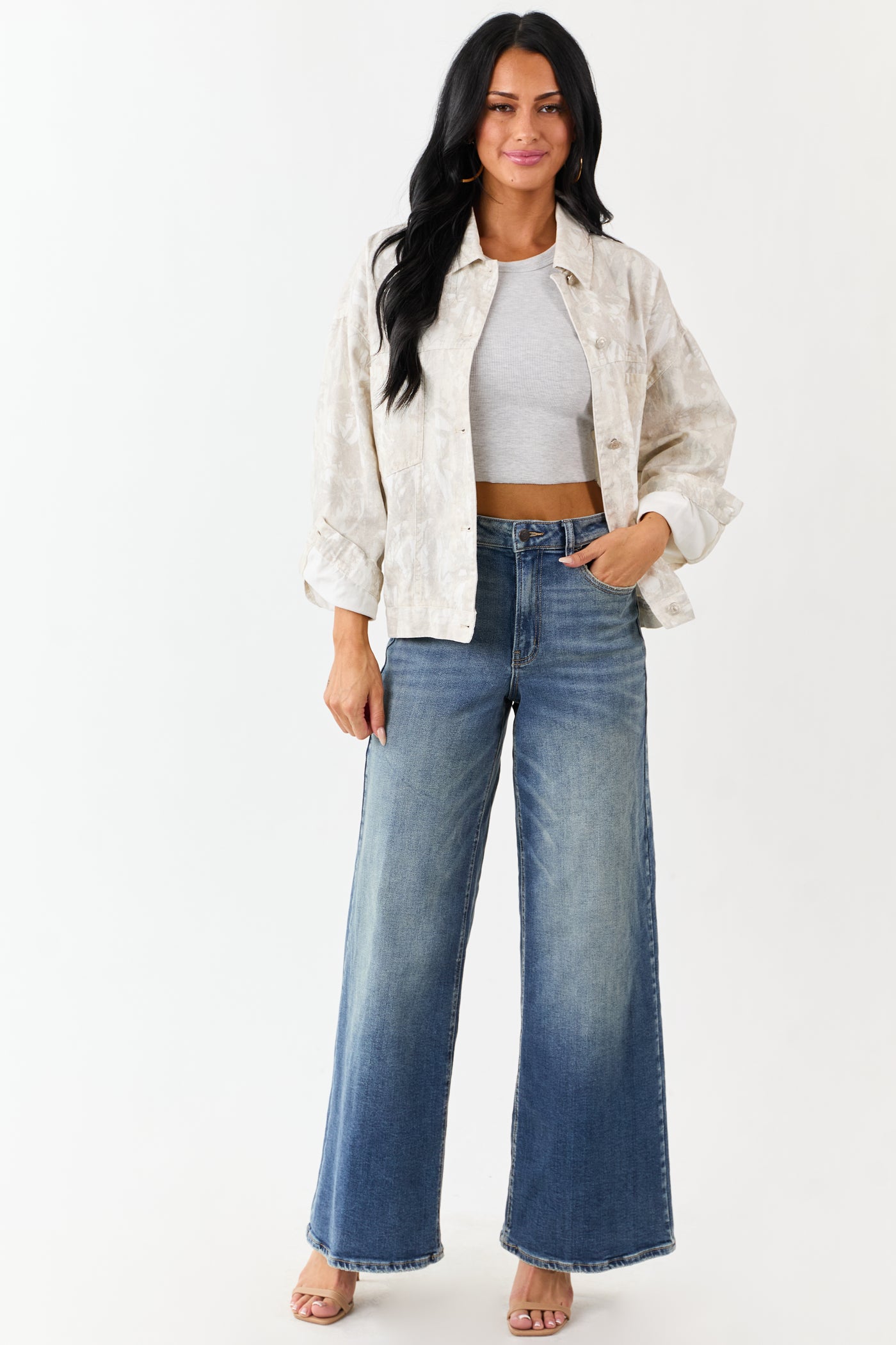 Ivory Faded Camo Button Down Denim Jacket