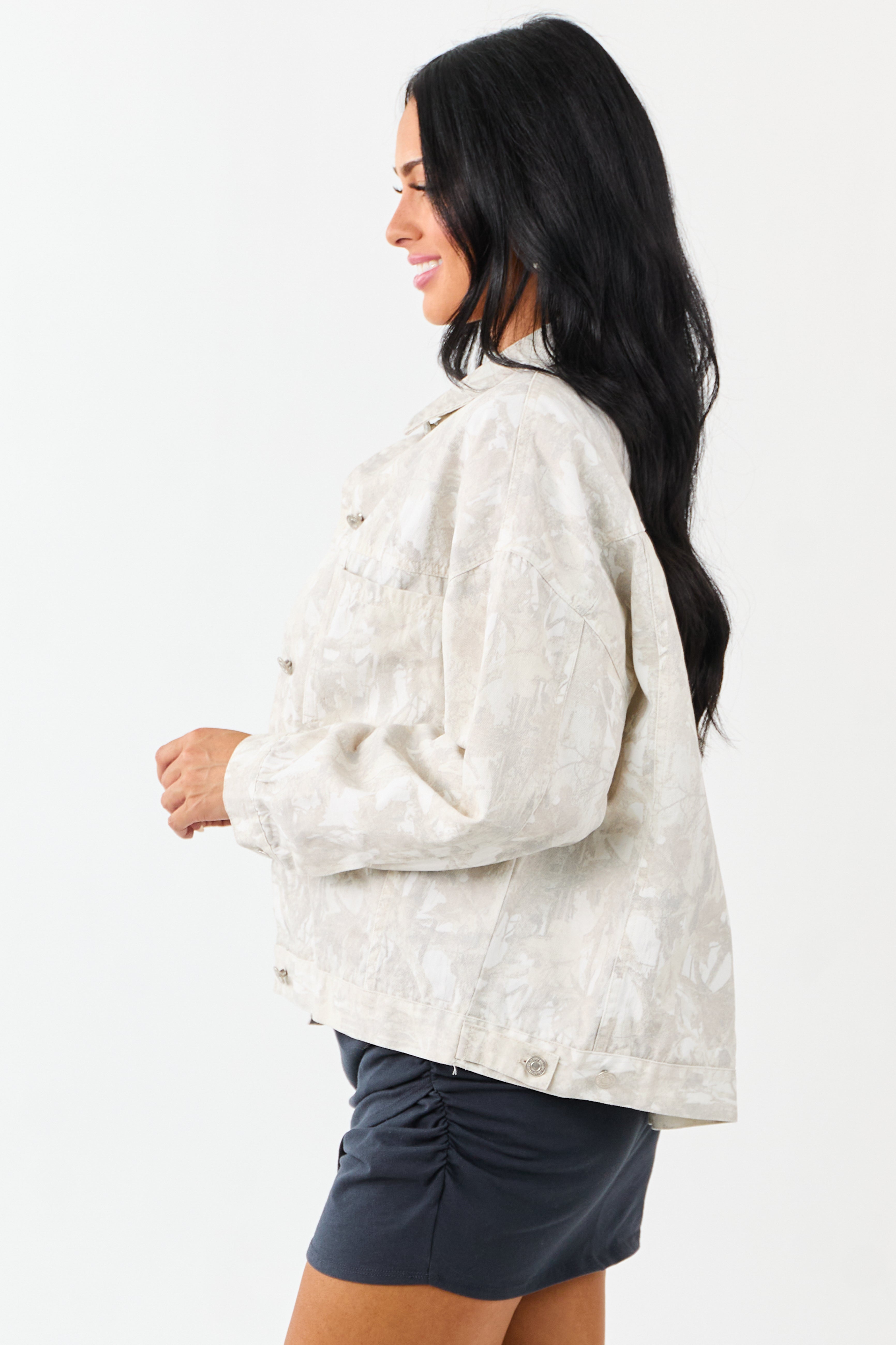 Ivory Faded Camo Button Down Denim Jacket