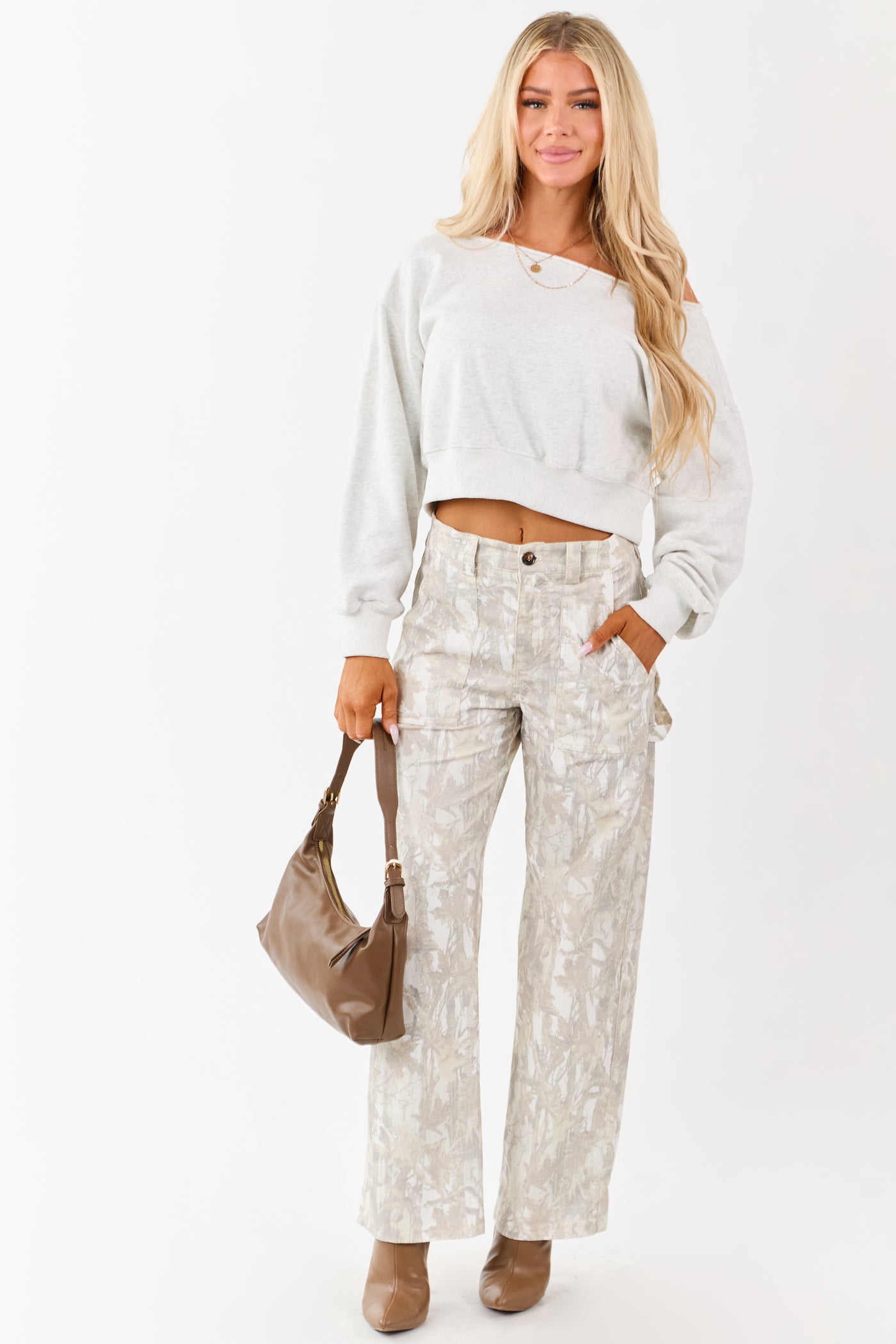 Ivory Faded Camo High Rise Straight Utility Jeans