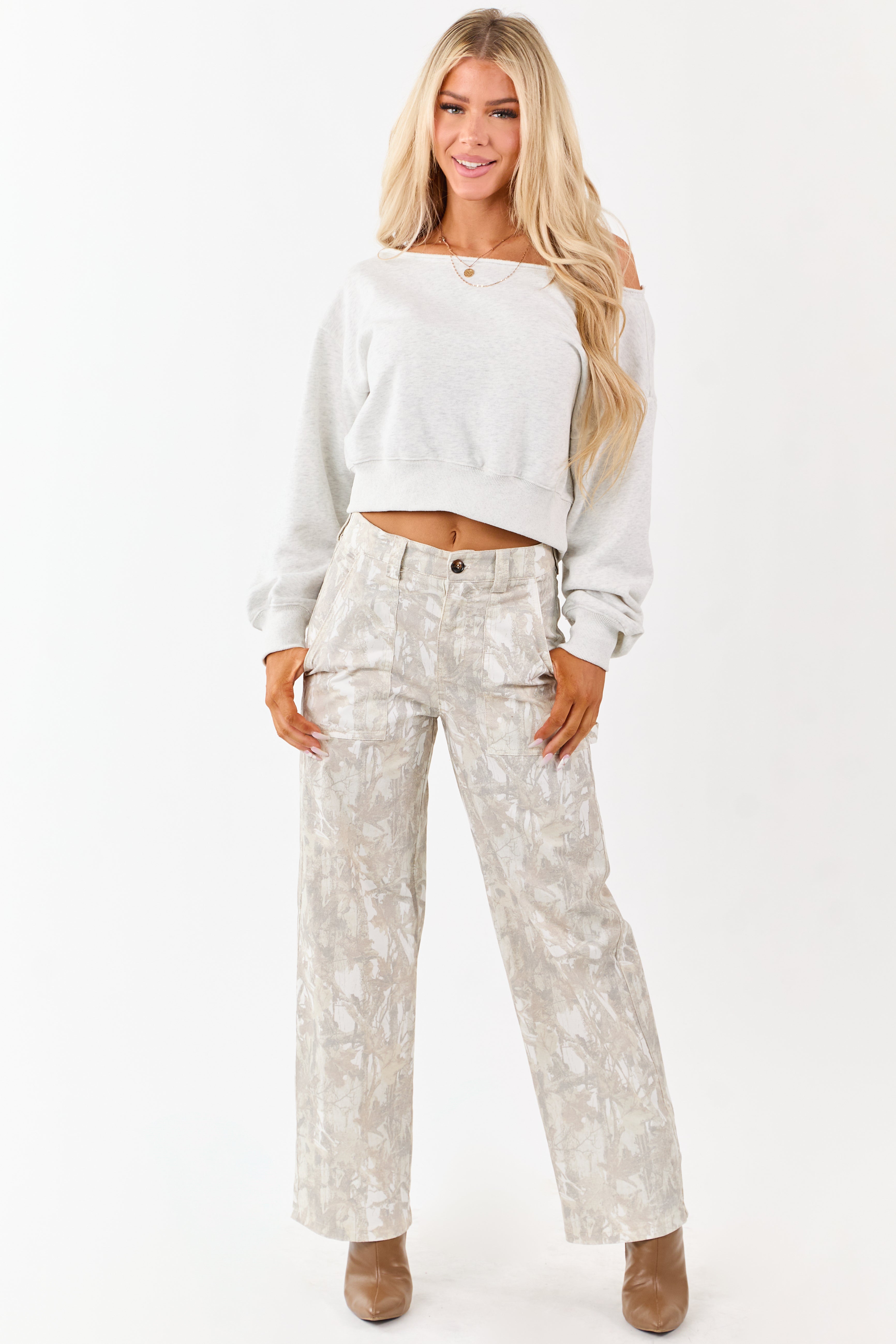 Ivory Faded Camo High Rise Straight Utility Jeans