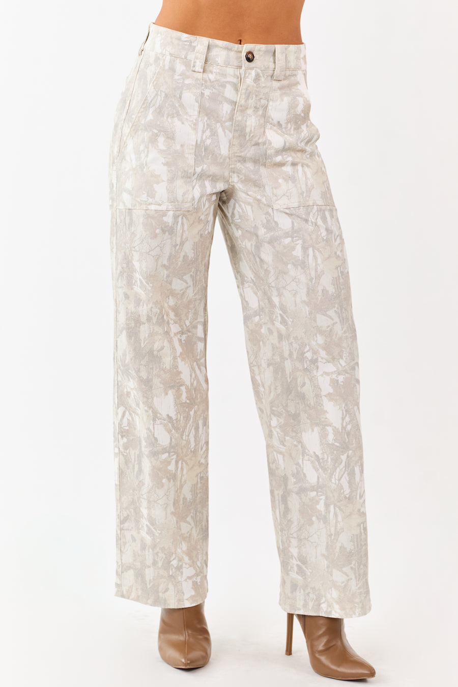 Ivory Faded Camo High Rise Straight Utility Jeans