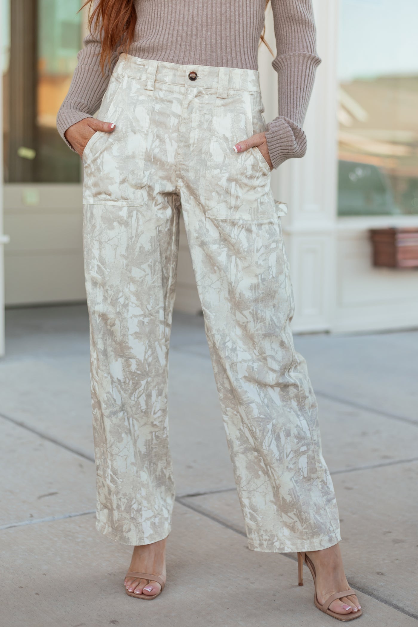 Ivory Faded Camo High Rise Straight Utility Jeans