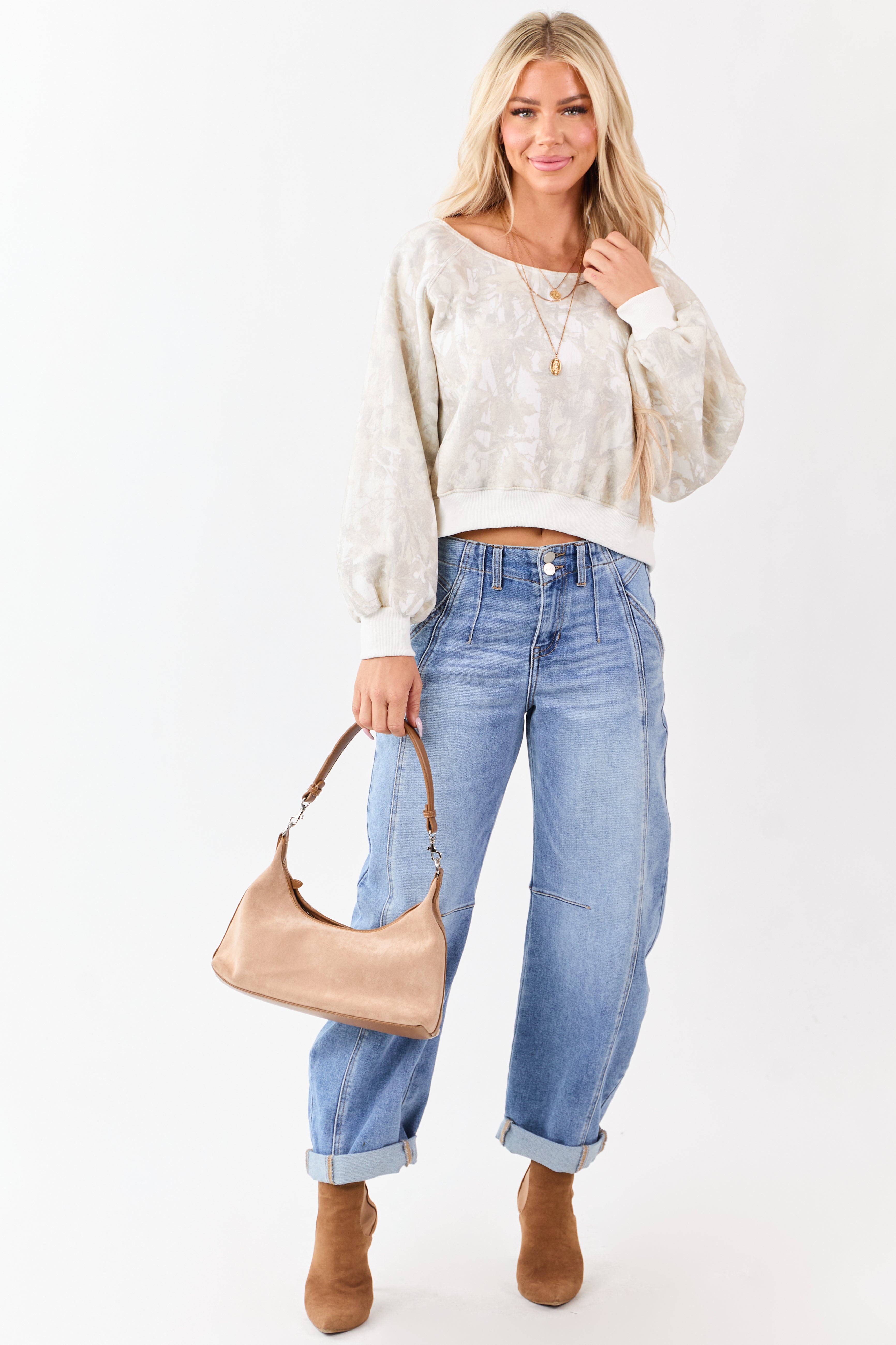 Ivory Faded Camo Print Off Shoulder Sweatshirt
