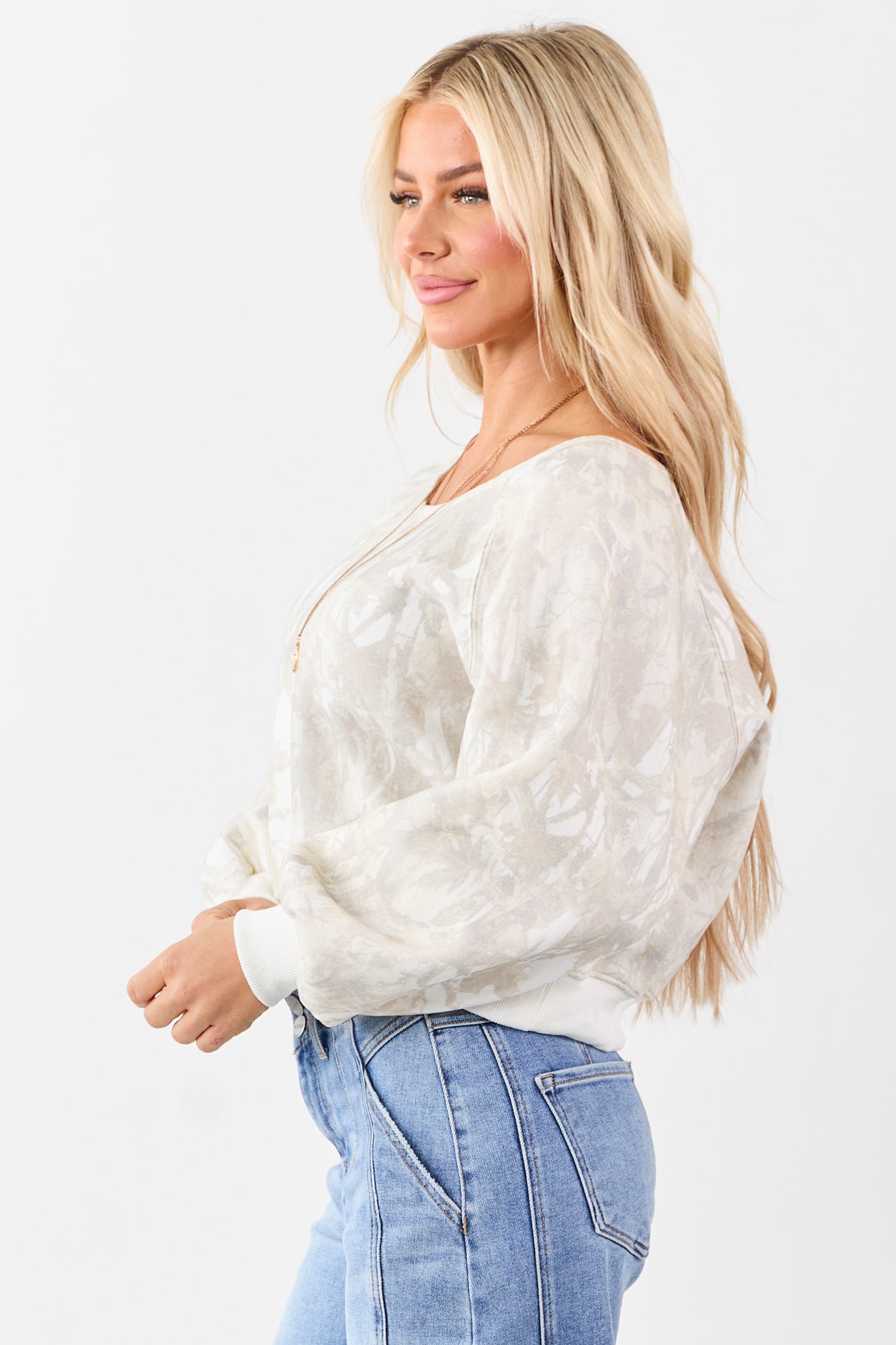 Ivory Faded Camo Print Off Shoulder Sweatshirt