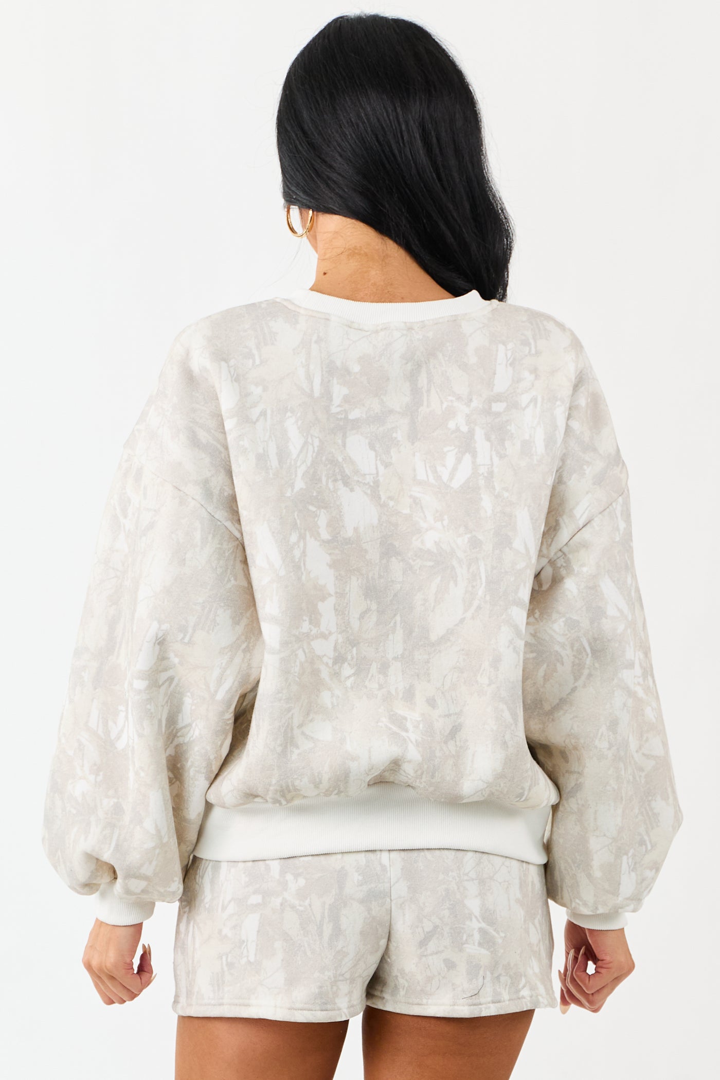 Ivory Faded Camo Print Sweatshirt and Shorts Set
