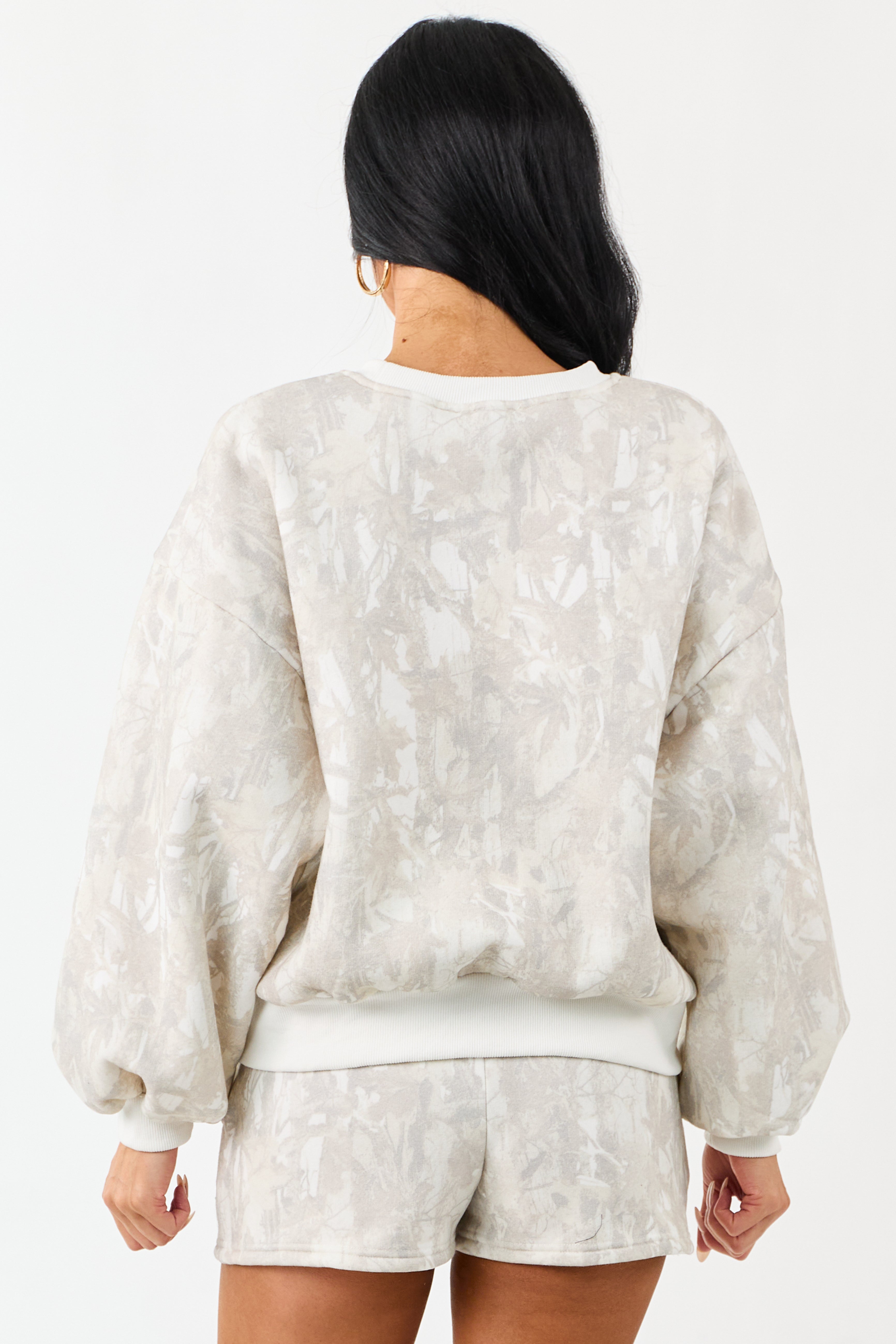 Ivory Faded Camo Print Sweatshirt and Shorts Set