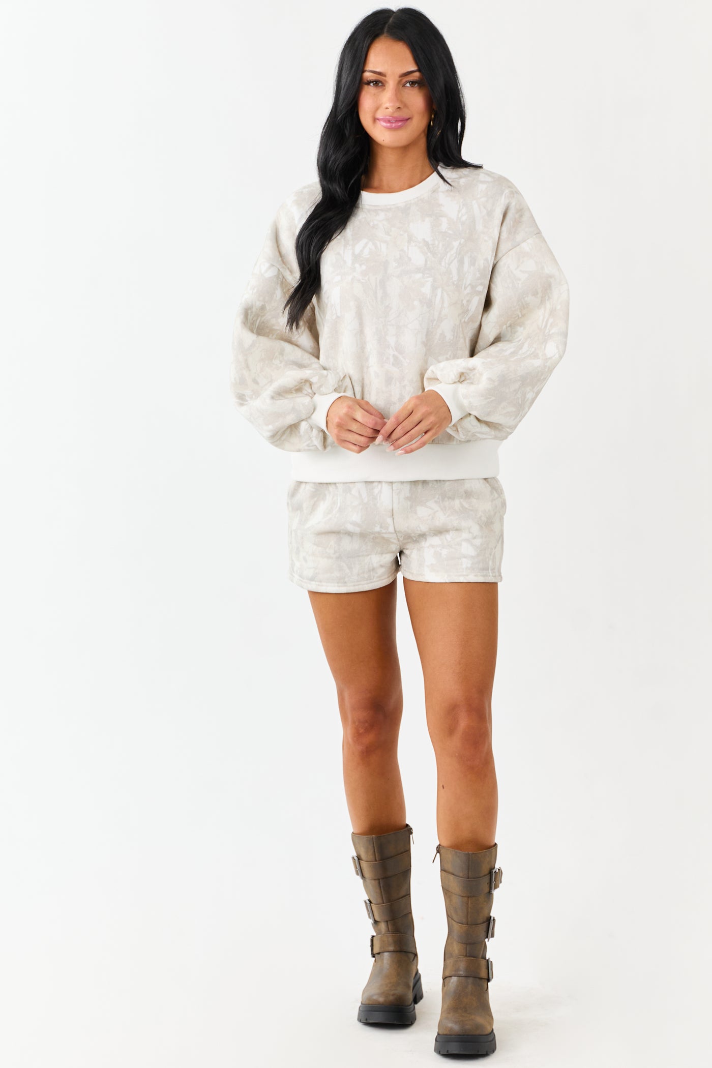 Ivory Faded Camo Print Sweatshirt and Shorts Set
