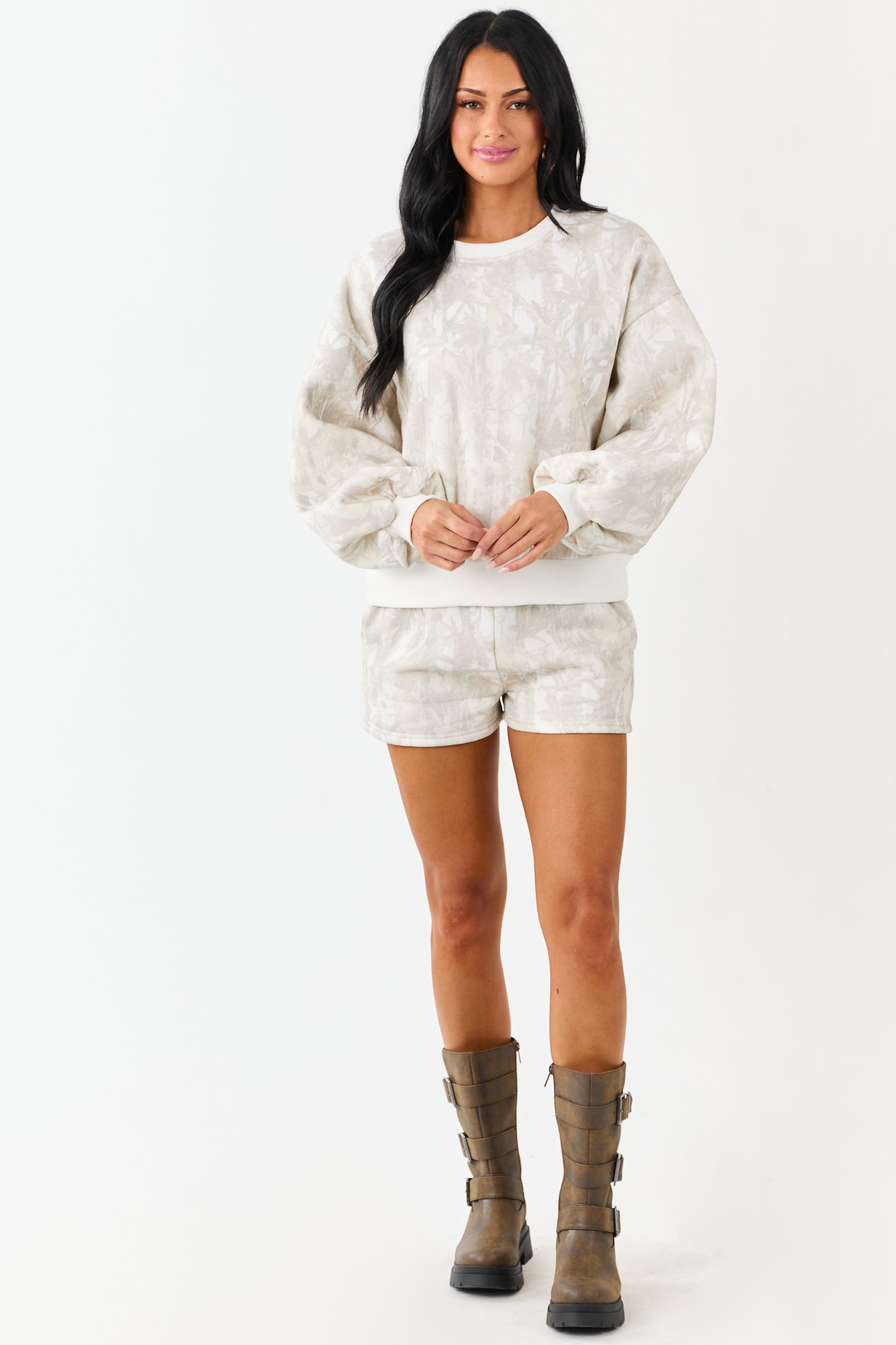 Ivory Faded Camo Print Sweatshirt and Shorts Set