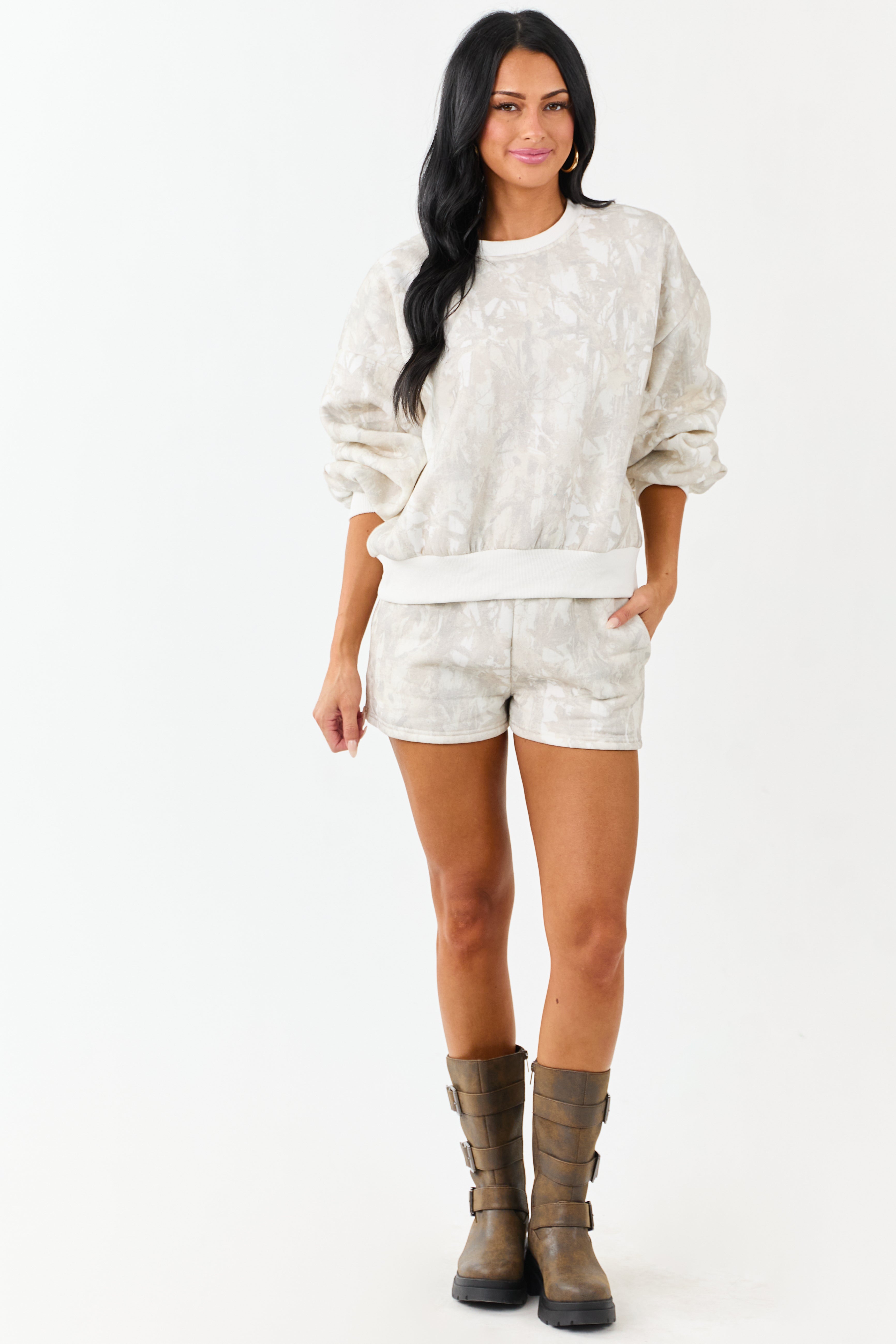 Ivory Faded Camo Print Sweatshirt and Shorts Set