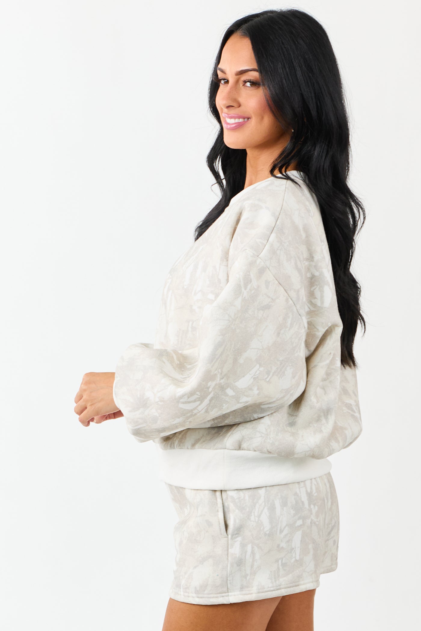 Ivory Faded Camo Print Sweatshirt and Shorts Set