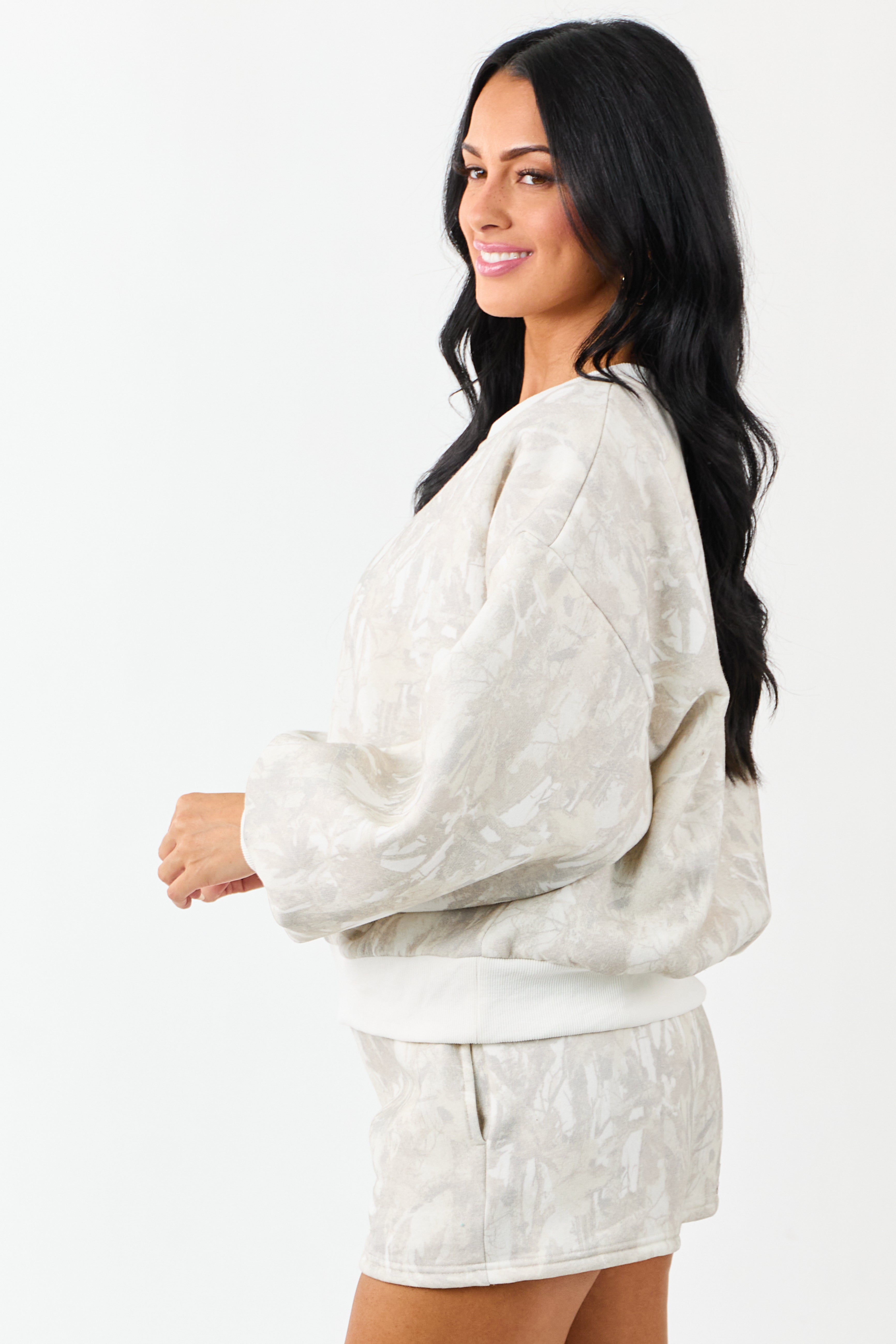 Ivory Faded Camo Print Sweatshirt and Shorts Set