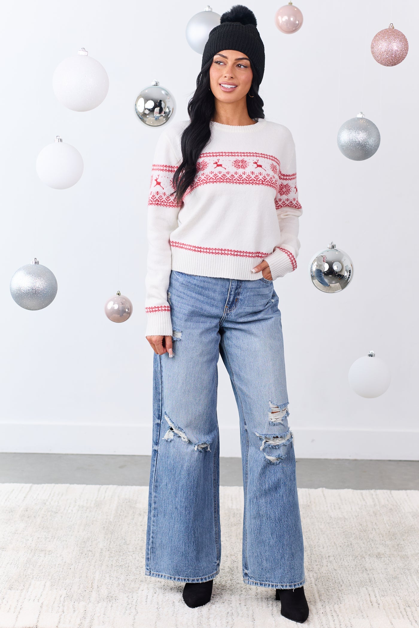 Ivory Fair Isle Holiday Pattern Knit Sweater