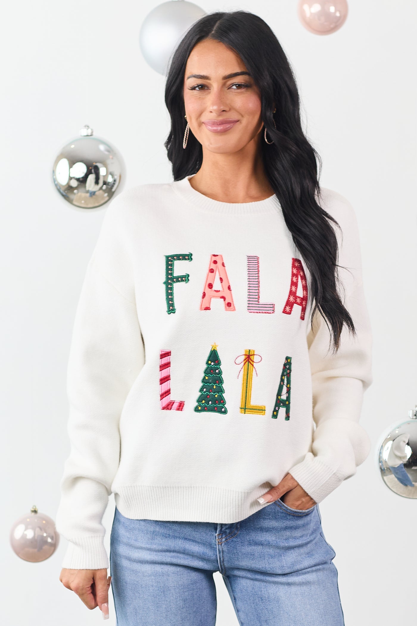 Ivory 'Fala Lala' Holiday Graphic Knit Sweater