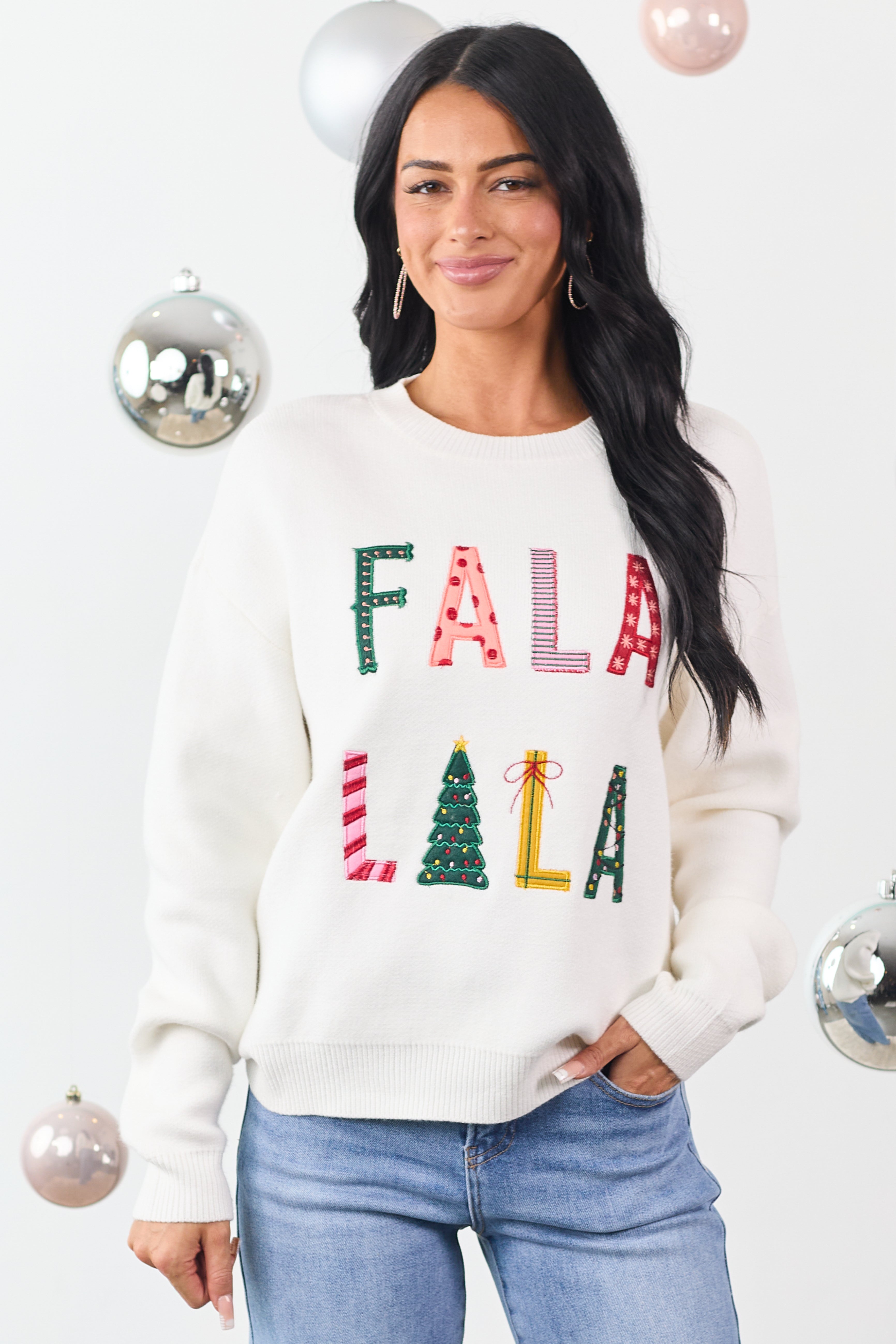 Ivory 'Fala Lala' Holiday Graphic Knit Sweater