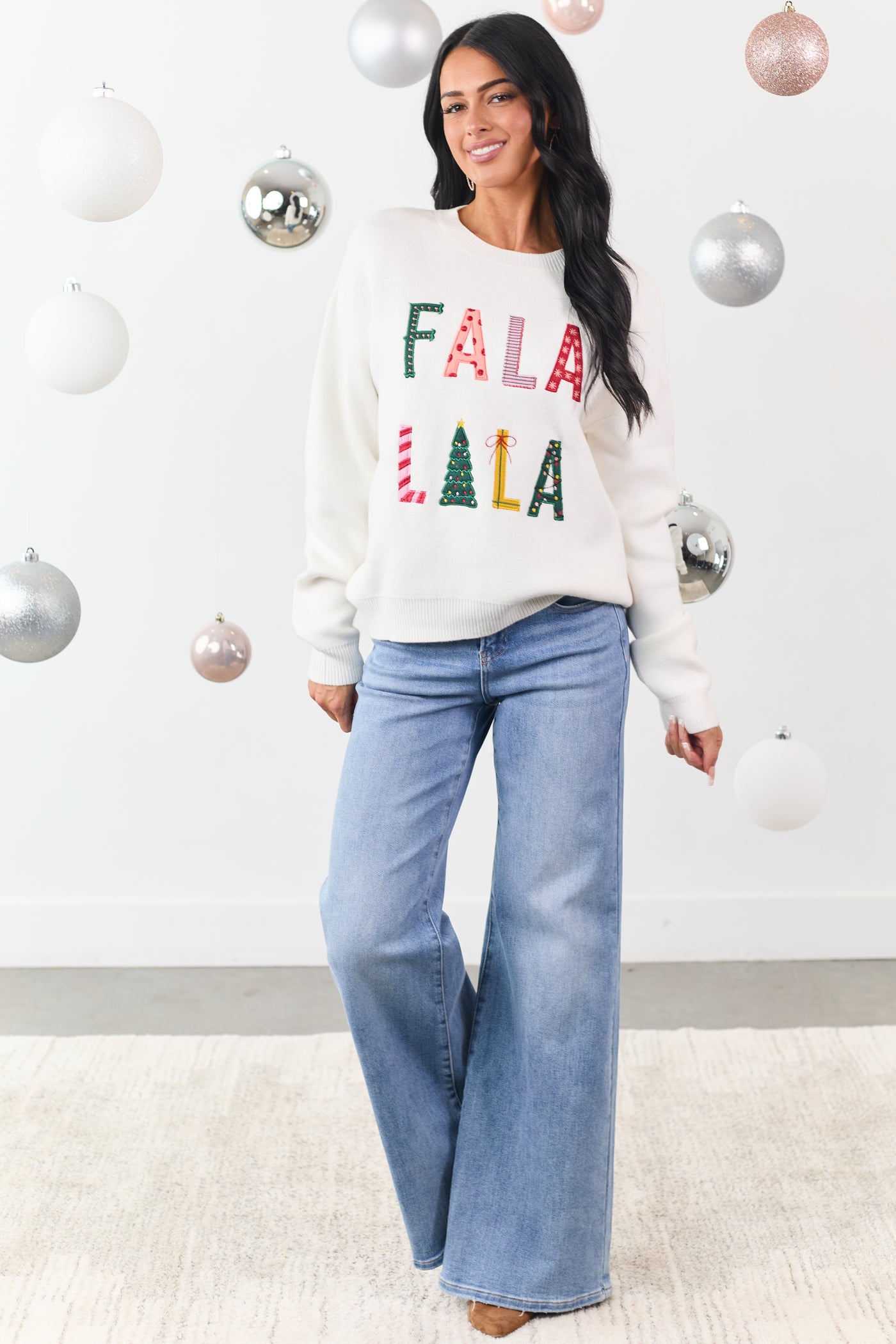 Ivory 'Fala Lala' Holiday Graphic Knit Sweater