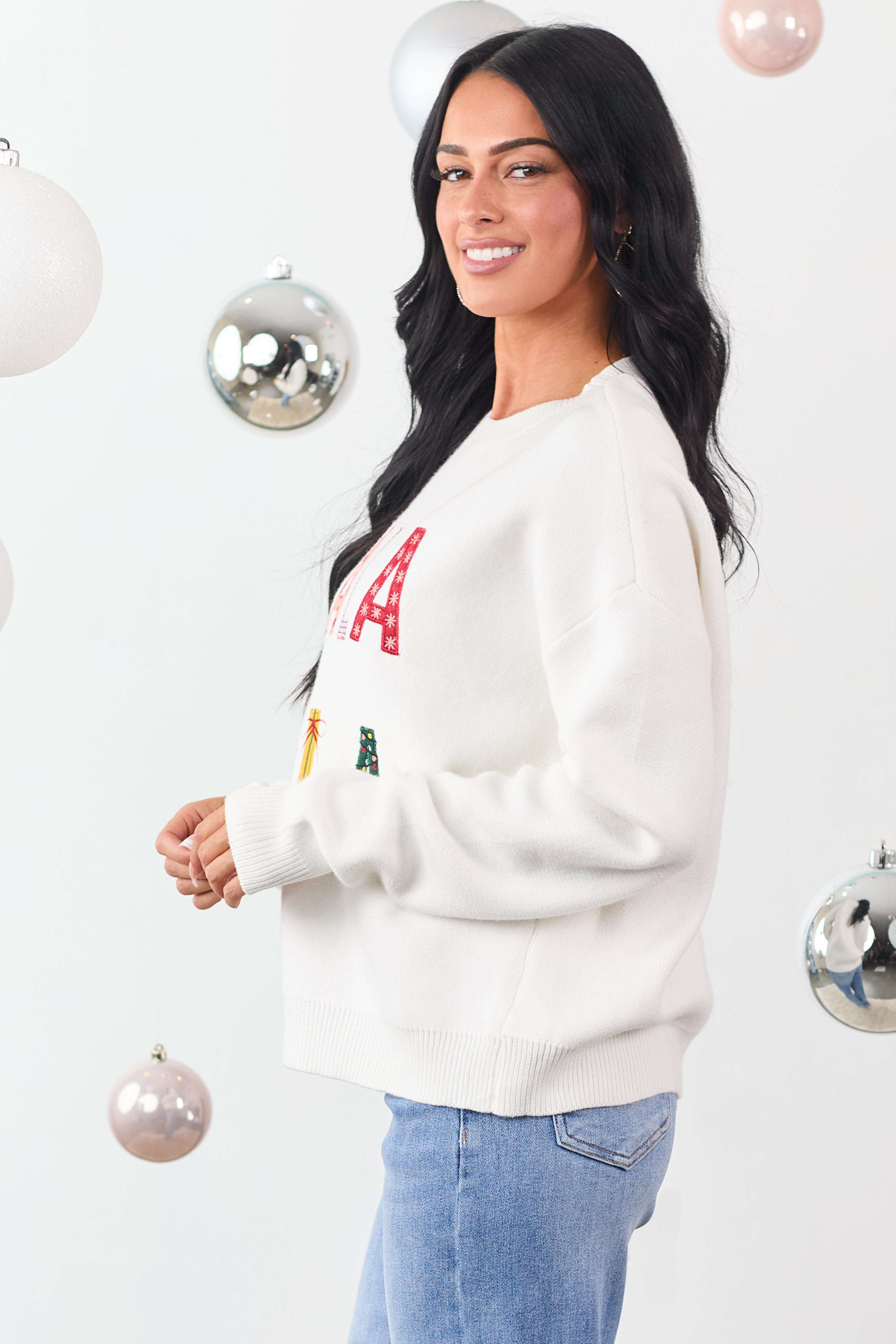 Ivory 'Fala Lala' Holiday Graphic Knit Sweater