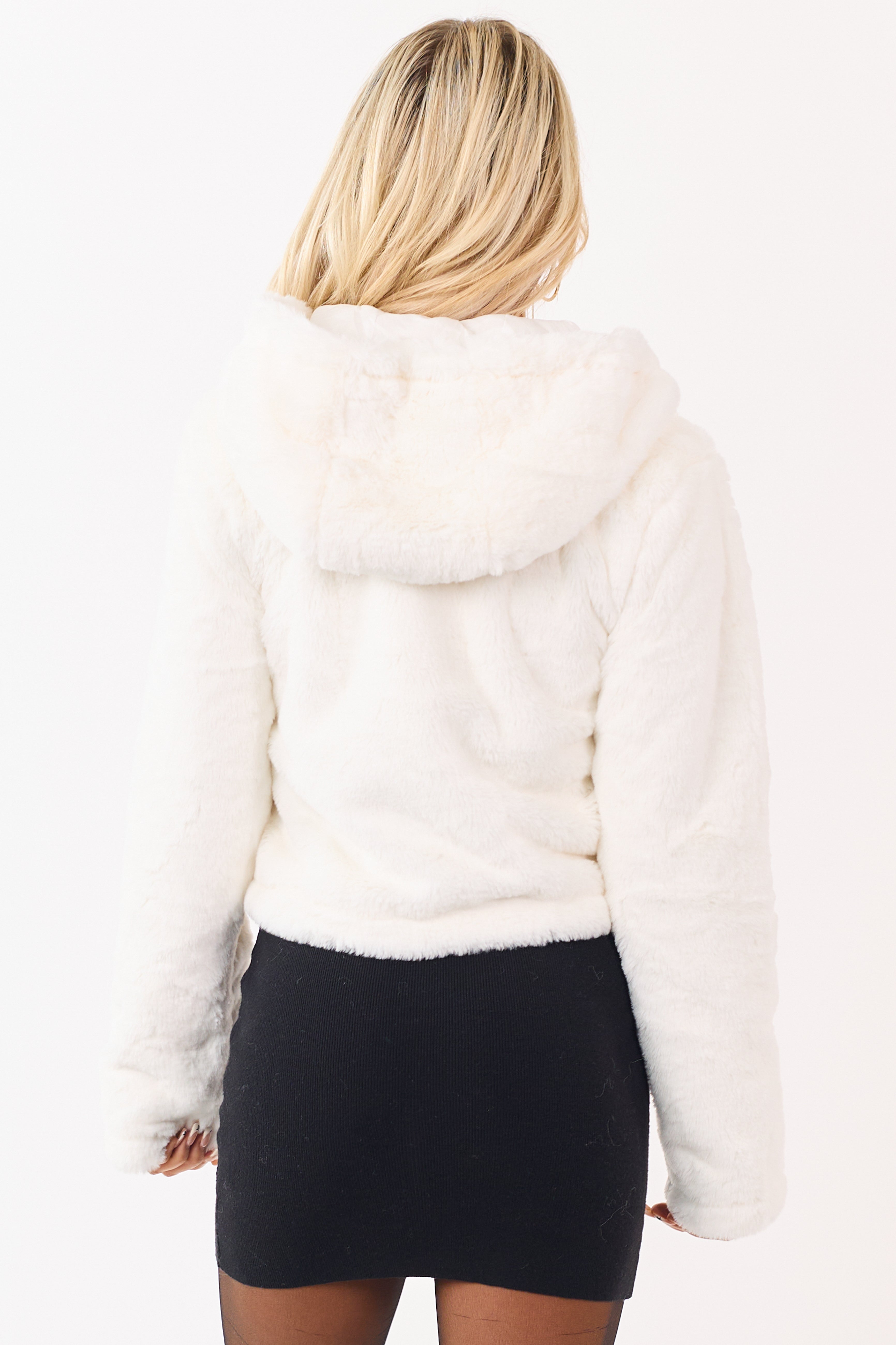 Ivory Faux Fur Hooded Zip Up Jacket | Lime Lush Boutique