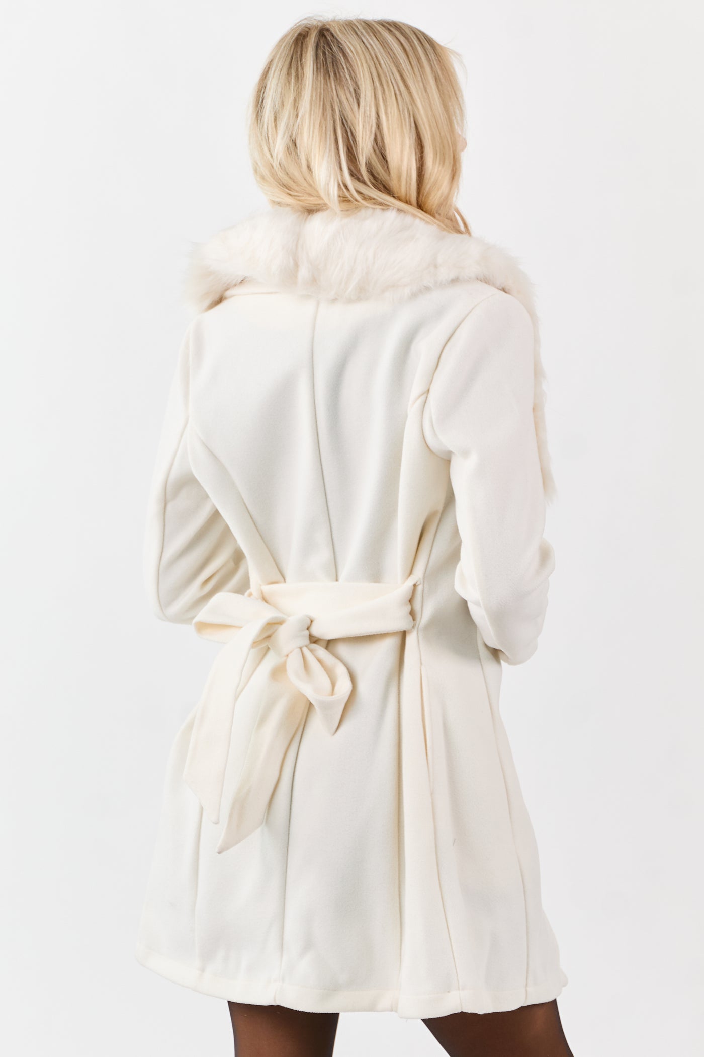 Ivory Faux Fur Lapel Collar Waist Tie Long Coat