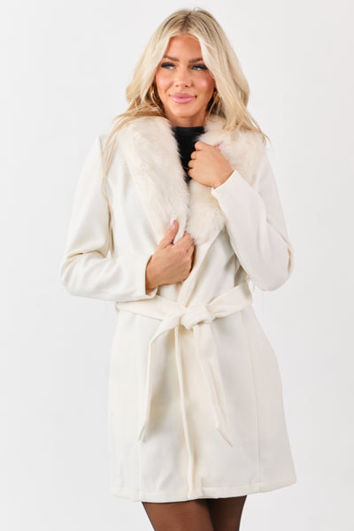 Ivory Faux Fur Lapel Collar Waist Tie Long Coat