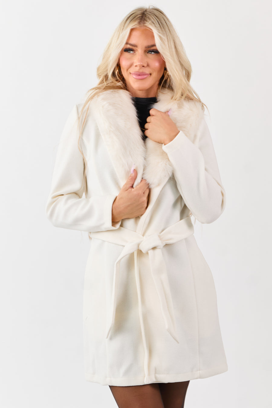 Ivory Faux Fur Lapel Collar Waist Tie Long Coat