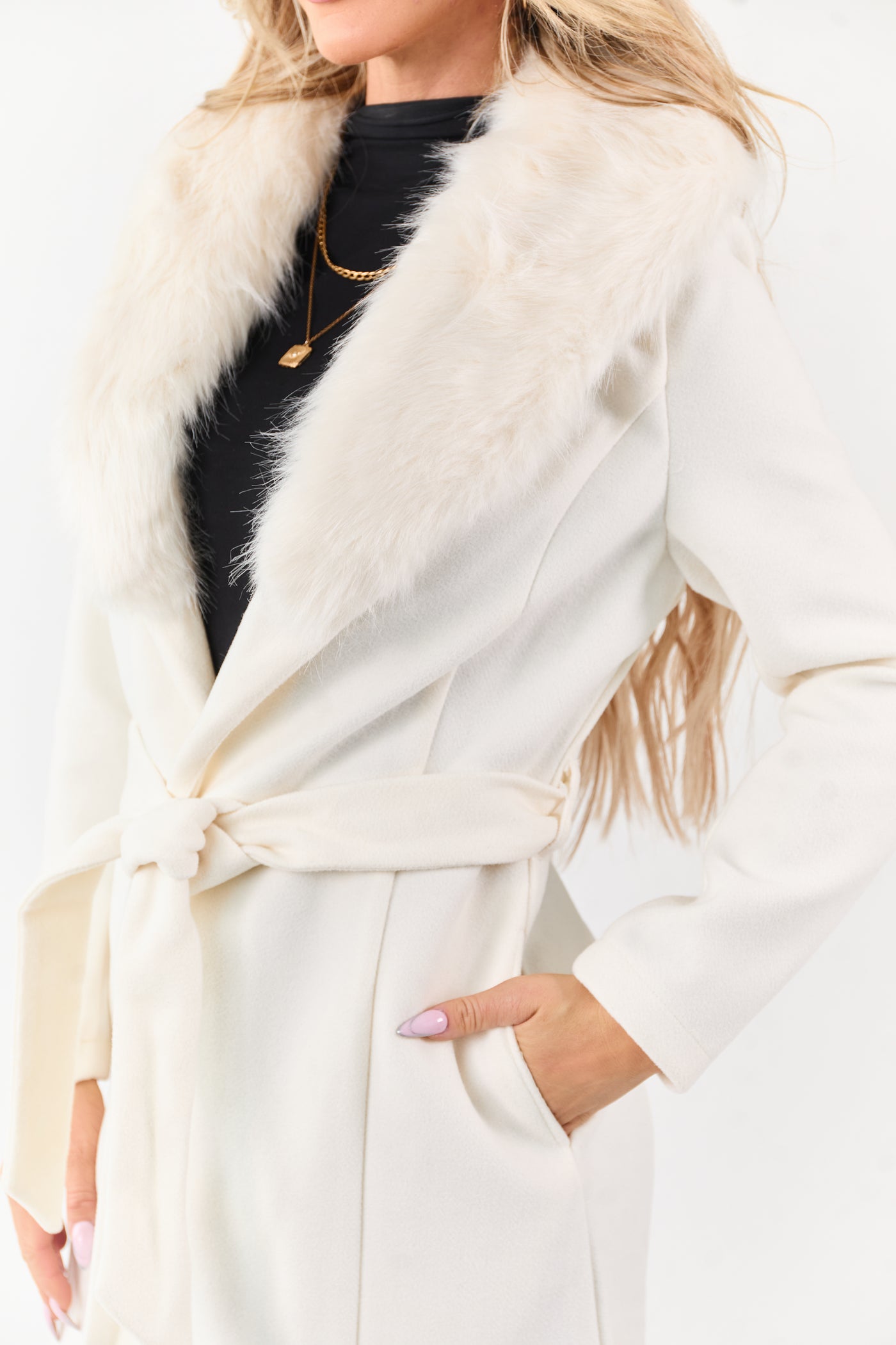 Ivory Faux Fur Lapel Collar Waist Tie Long Coat