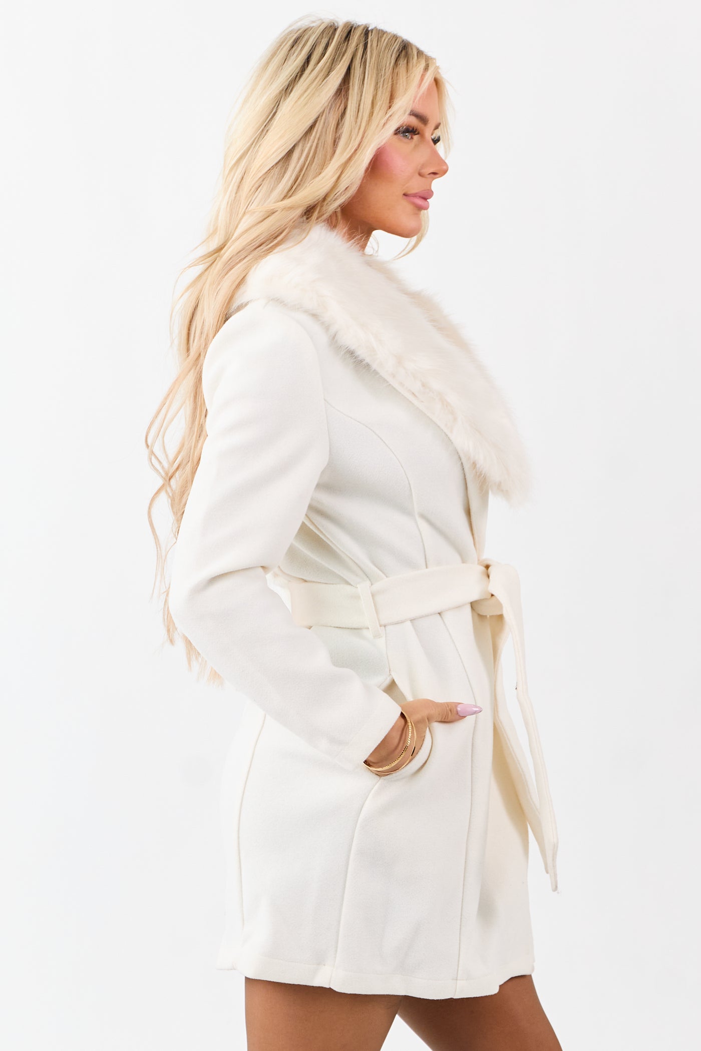 Ivory Faux Fur Lapel Collar Waist Tie Long Coat