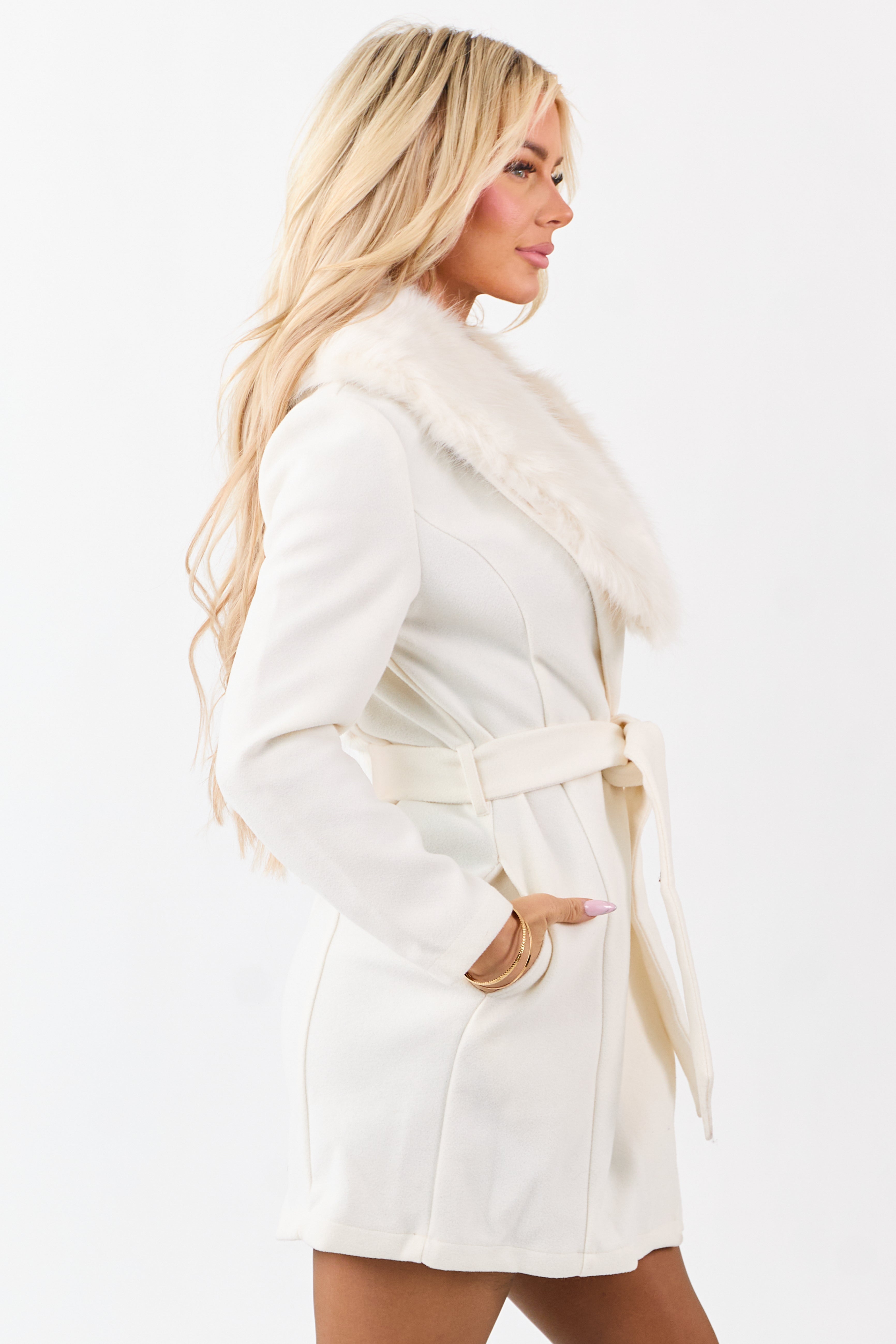 Ivory Faux Fur Lapel Collar Waist Tie Long Coat