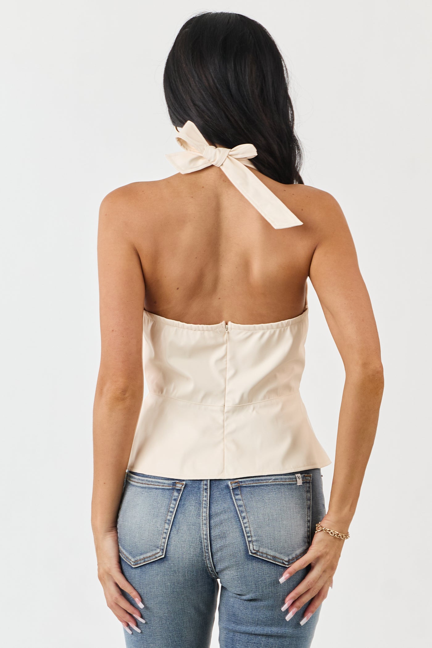 Ivory Faux Leather Halter Neck Tank Top