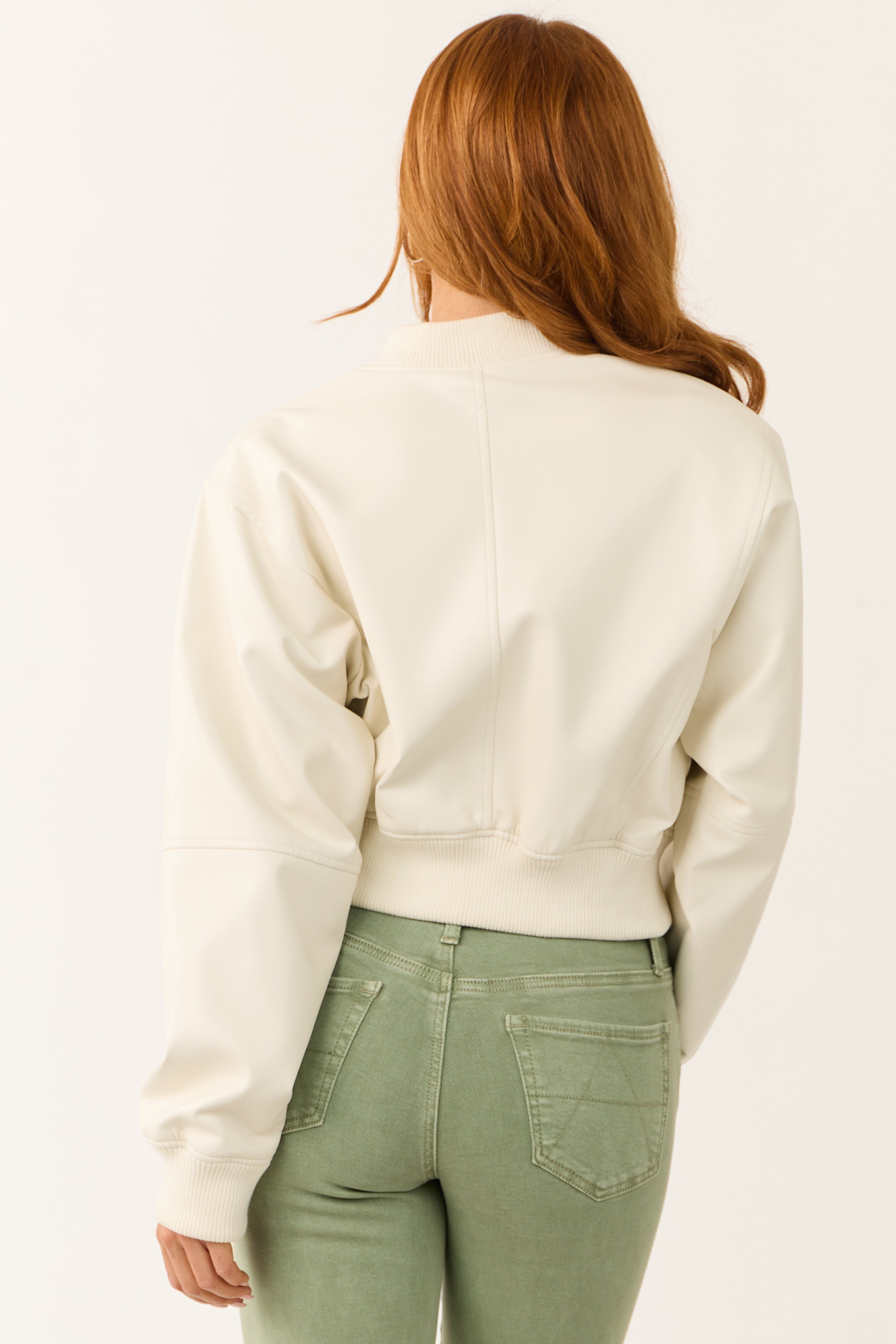 Ivory Faux Leather Zip Up Bomber Jacket | Lime Lush Boutique