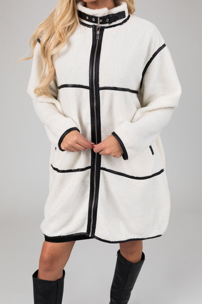 Ivory Faux Sherpa Trim Detail Collared Jacket