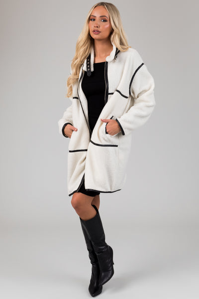 Ivory Faux Sherpa Trim Detail Collared Jacket