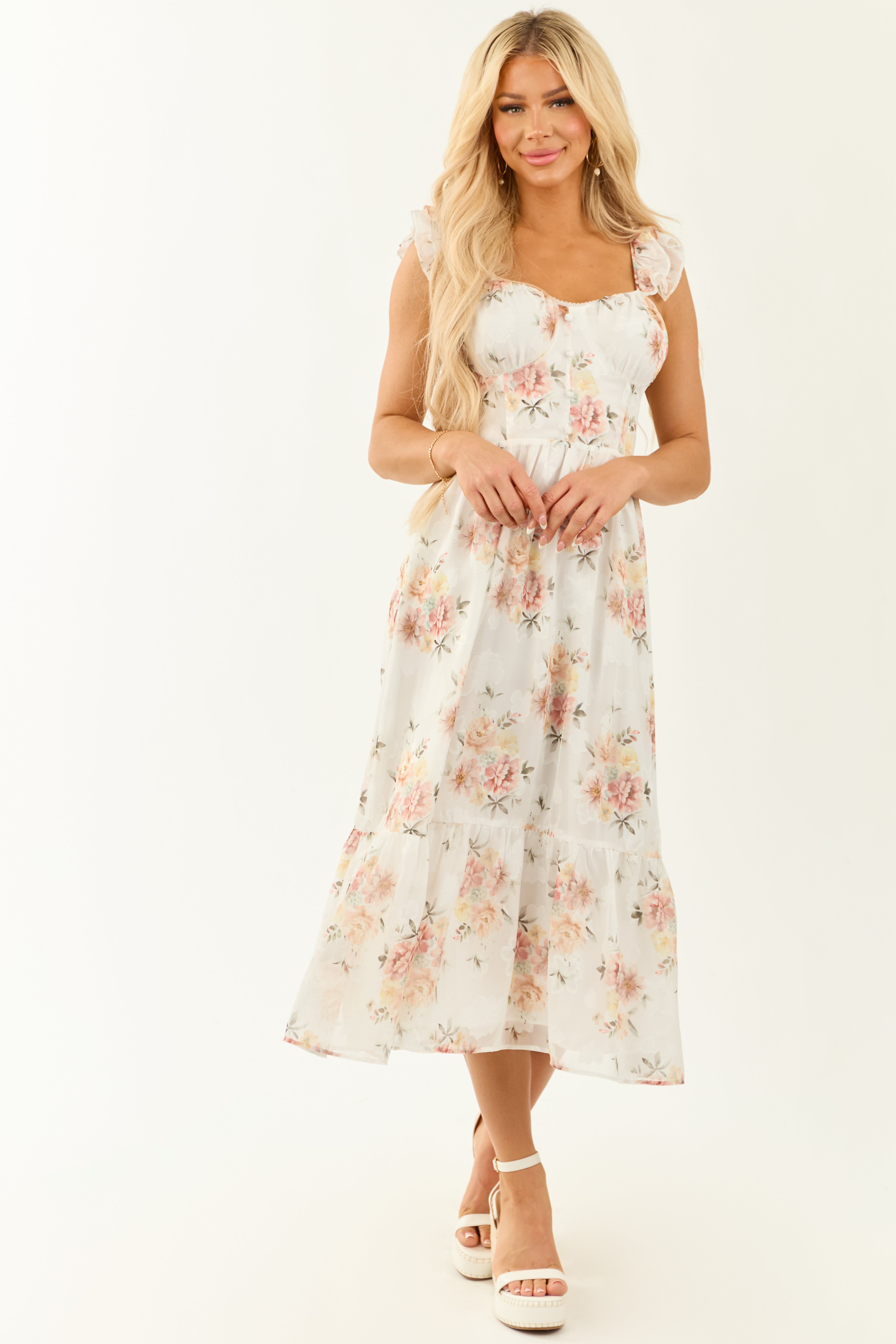 Ivory Floral Chiffon Bustier Ruffle Midi Dress - S Ivory Floral Chiffon Bustier Ruffle Midi Dress - S