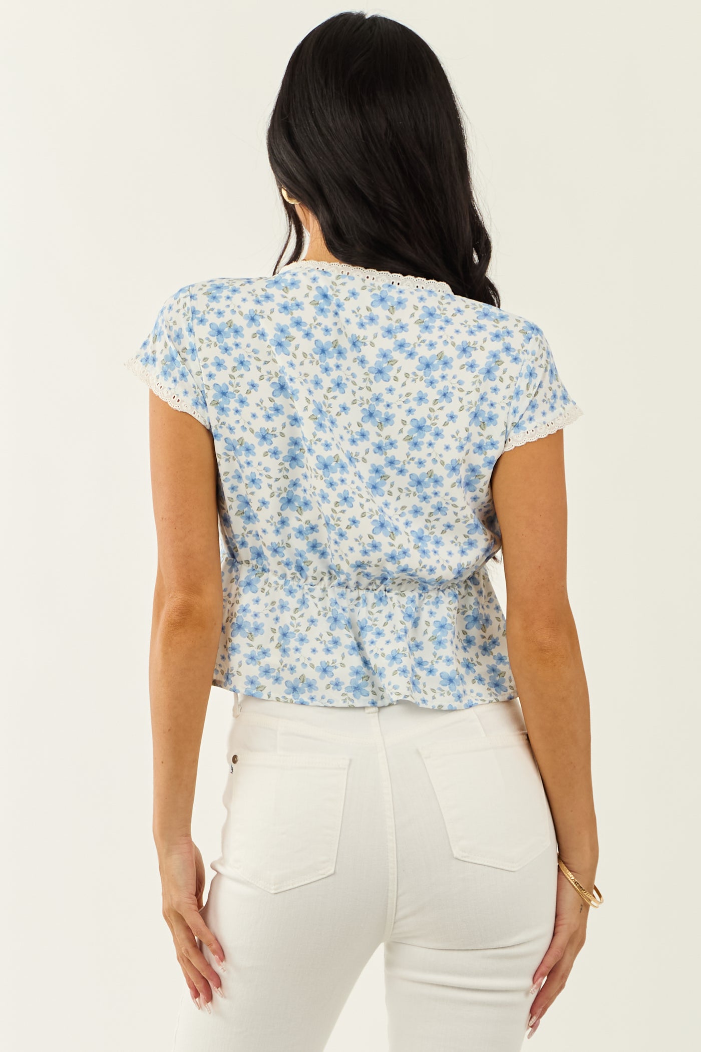 Ivory Floral Deep V Cap Sleeve Button Up Blouse